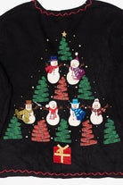 Vintage Black Designers Originals Studio Trees And Snowmen Ugly Christmas Cardigan (1990s)