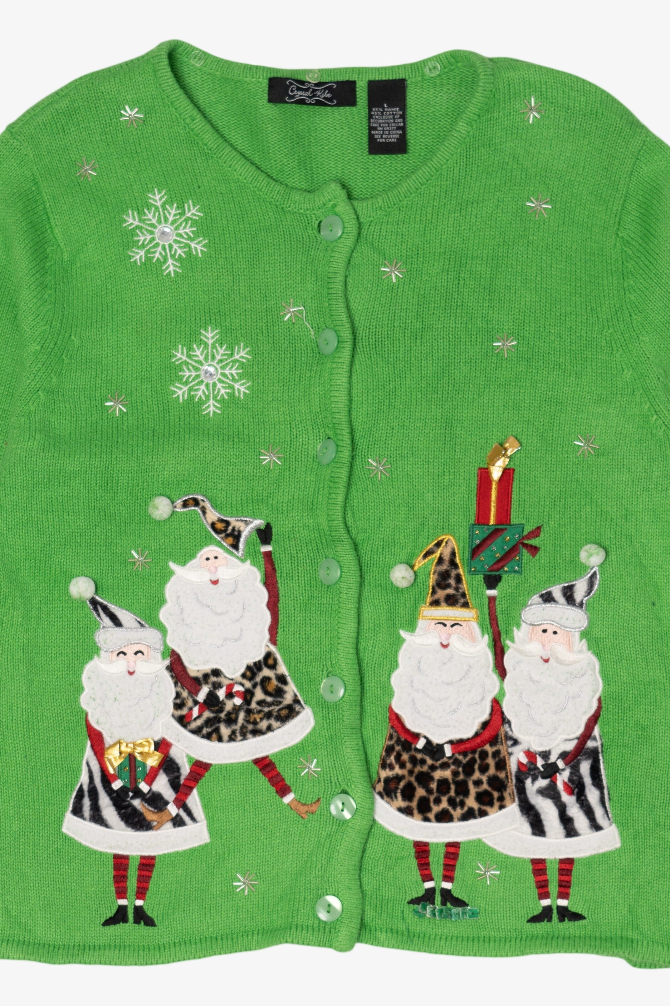 Vintage Green Crystal Kobe Santa Animal Print Ugly Christmas Cardigan (1990s)