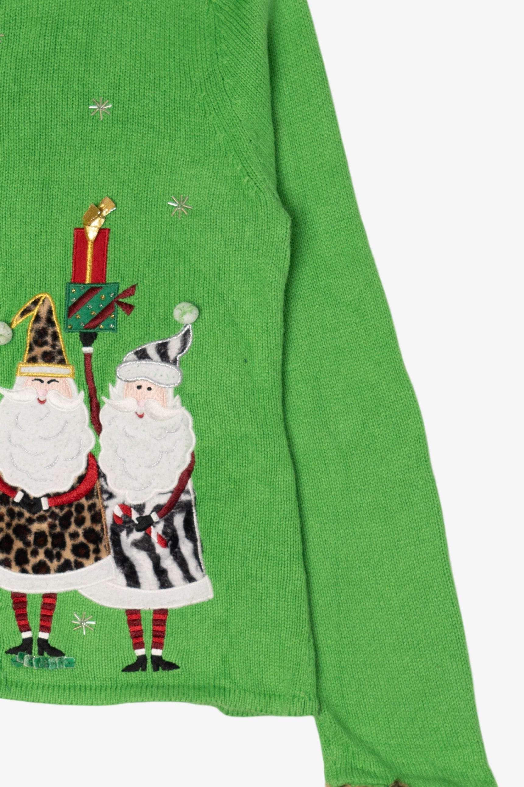 Vintage Green Crystal Kobe Santa Animal Print Ugly Christmas Cardigan (1990s)