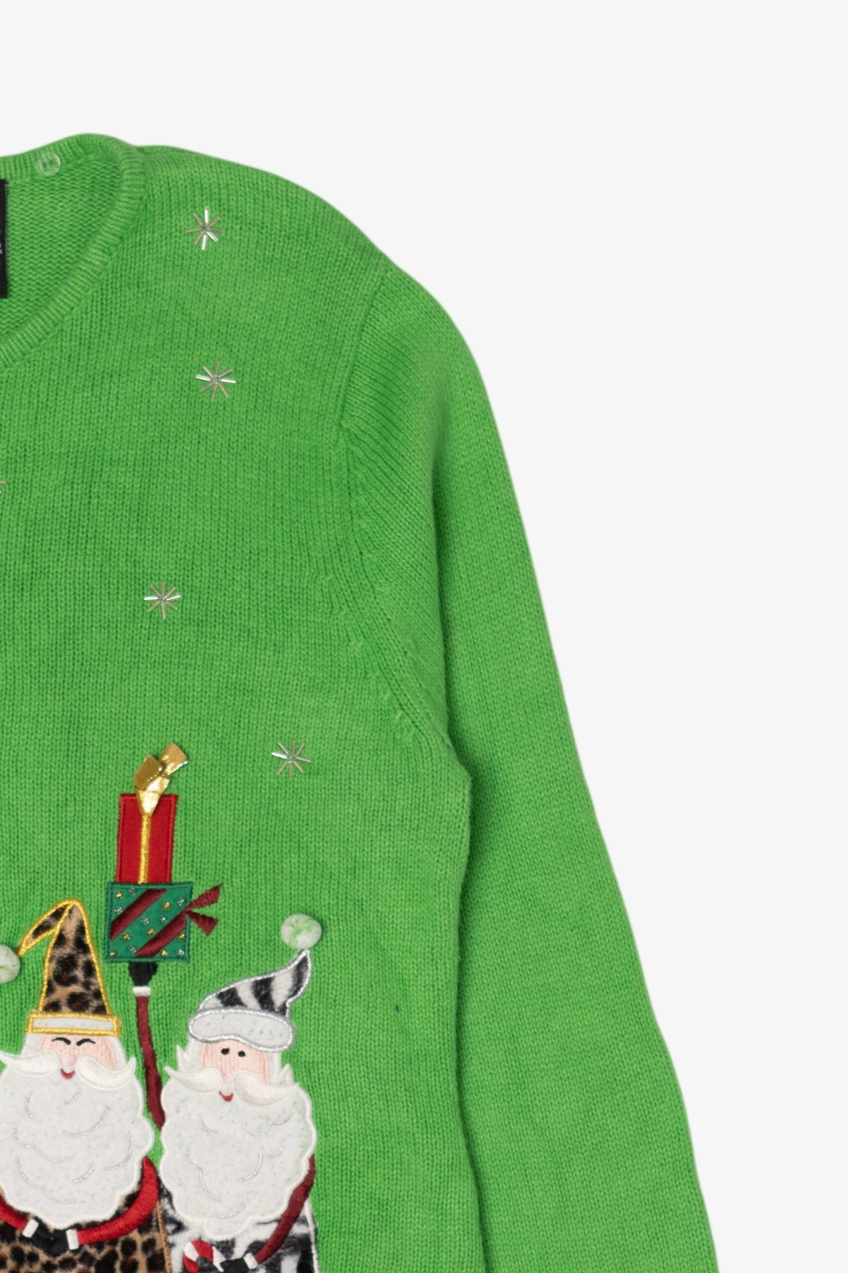 Vintage Green Crystal Kobe Santa Animal Print Ugly Christmas Cardigan (1990s)