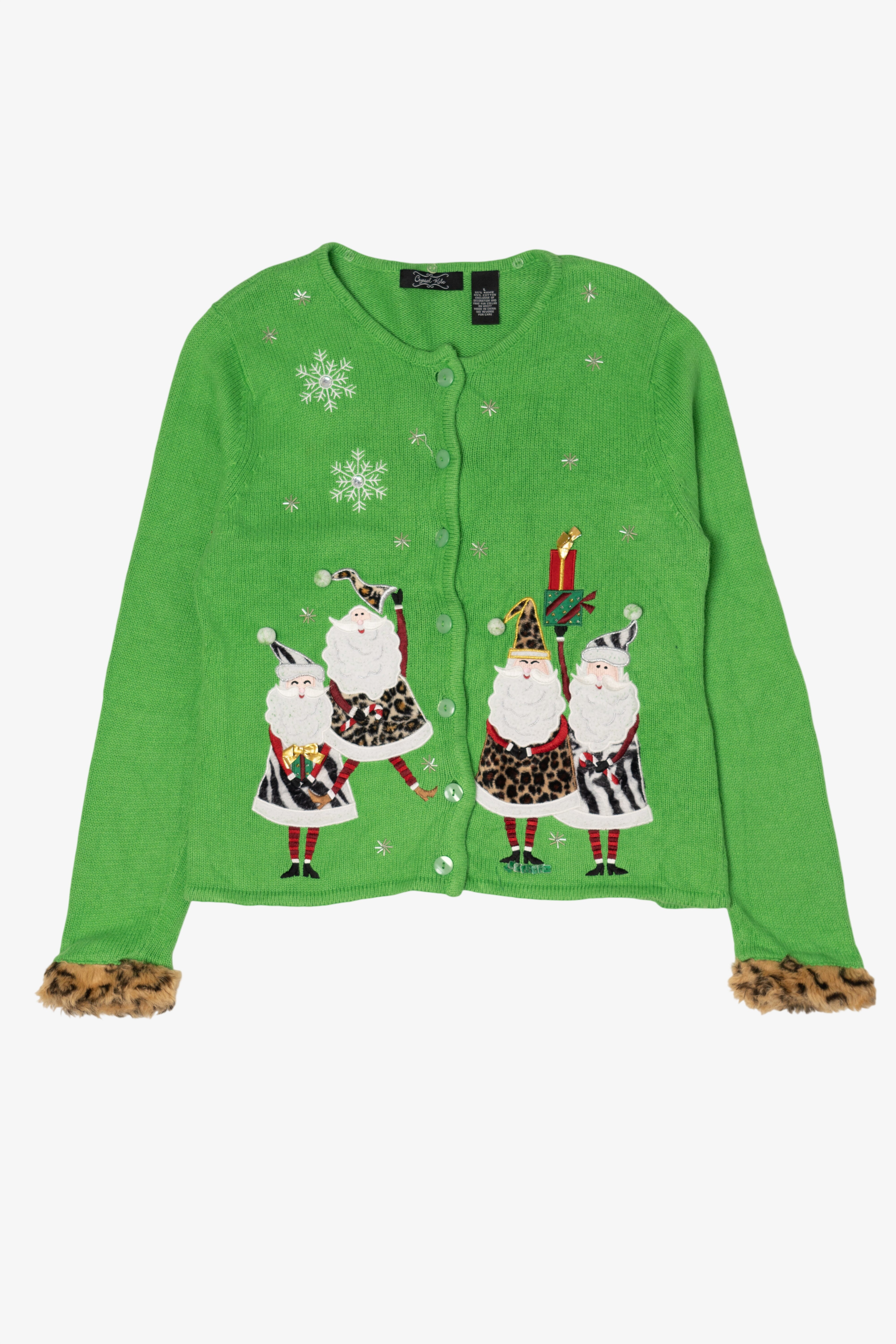 Vintage Green Crystal Kobe Santa Animal Print Ugly Christmas Cardigan (1990s)