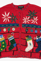 Vintage Red Hampshire Studio Stockings Ugly Christmas Cardigan (1990s)