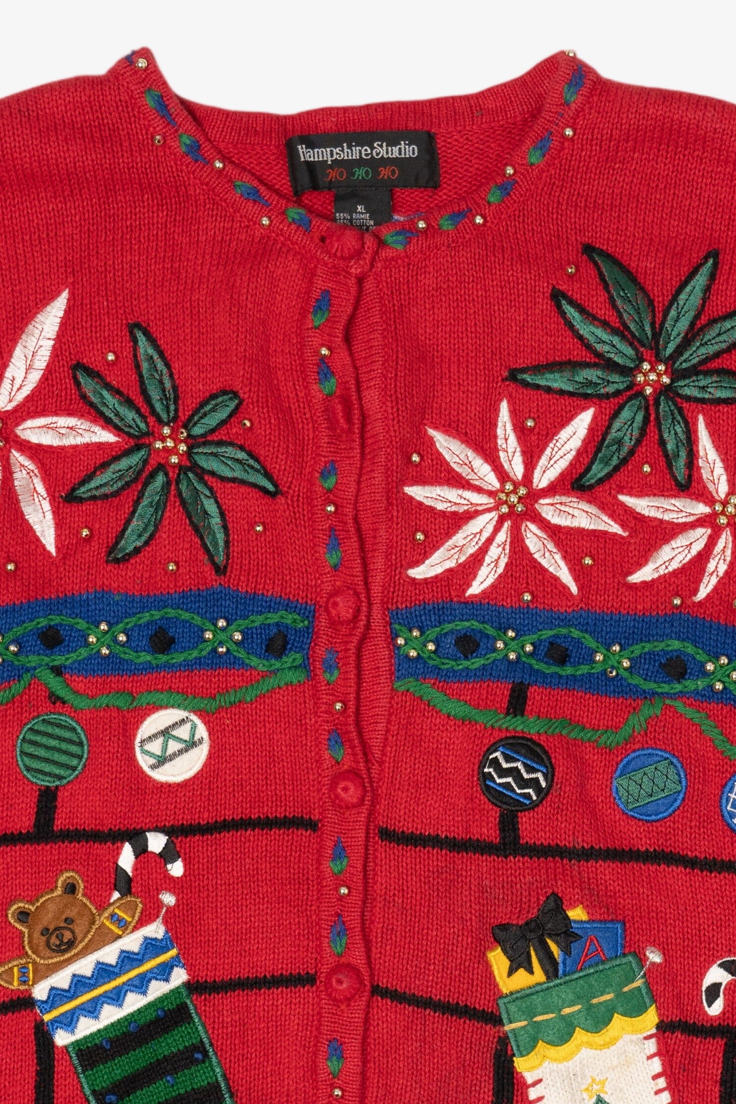 Vintage Red Hampshire Studio Stockings Ugly Christmas Cardigan (1990s)