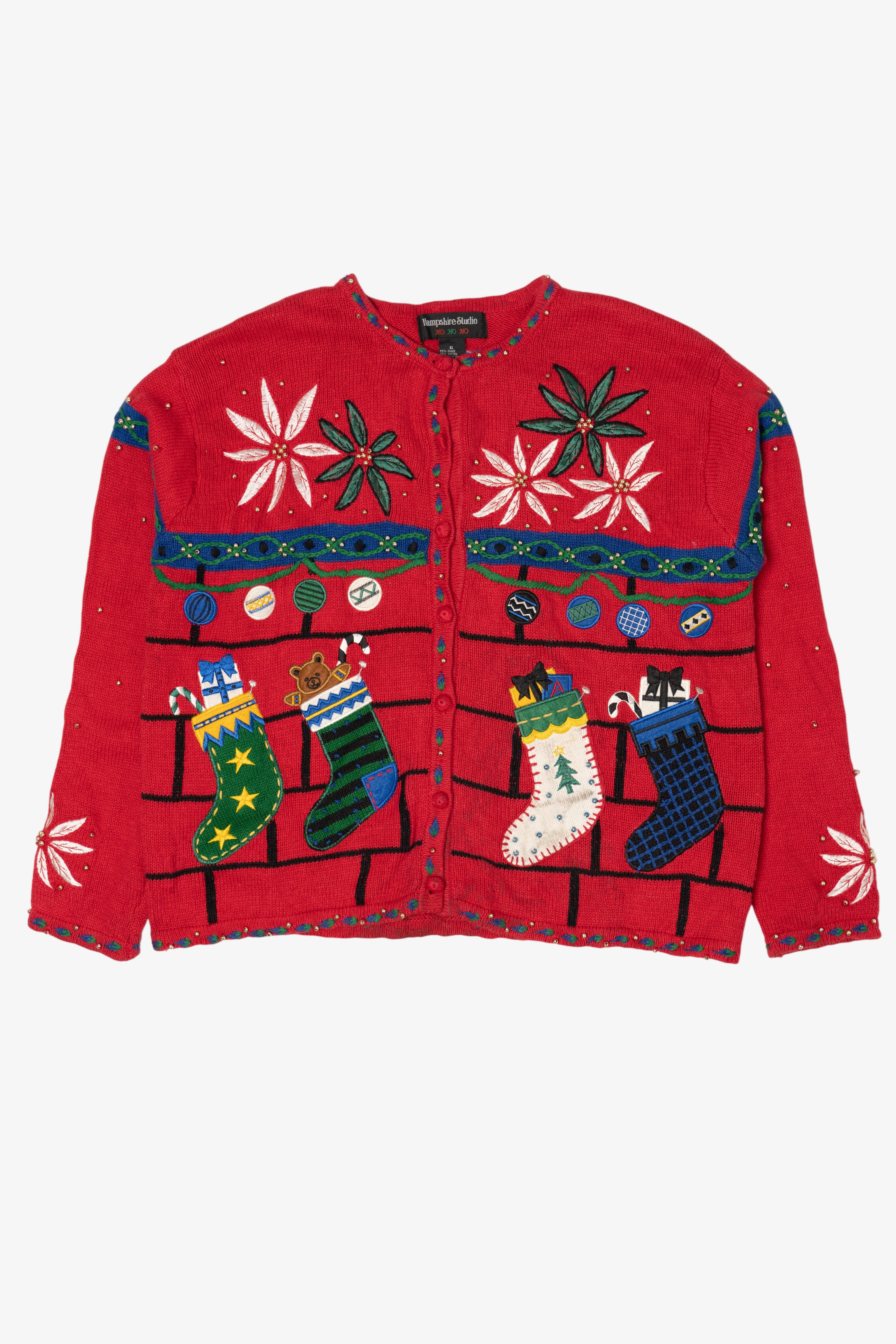 Vintage Red Hampshire Studio Stockings Ugly Christmas Cardigan (1990s)