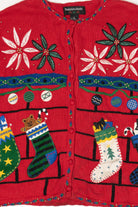Vintage Red Hampshire Studio Stockings Ugly Christmas Cardigan (1990s)