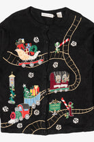 Vintage Black Victoria Jones Presents On Train Ugly Christmas Cardigan (1990s)