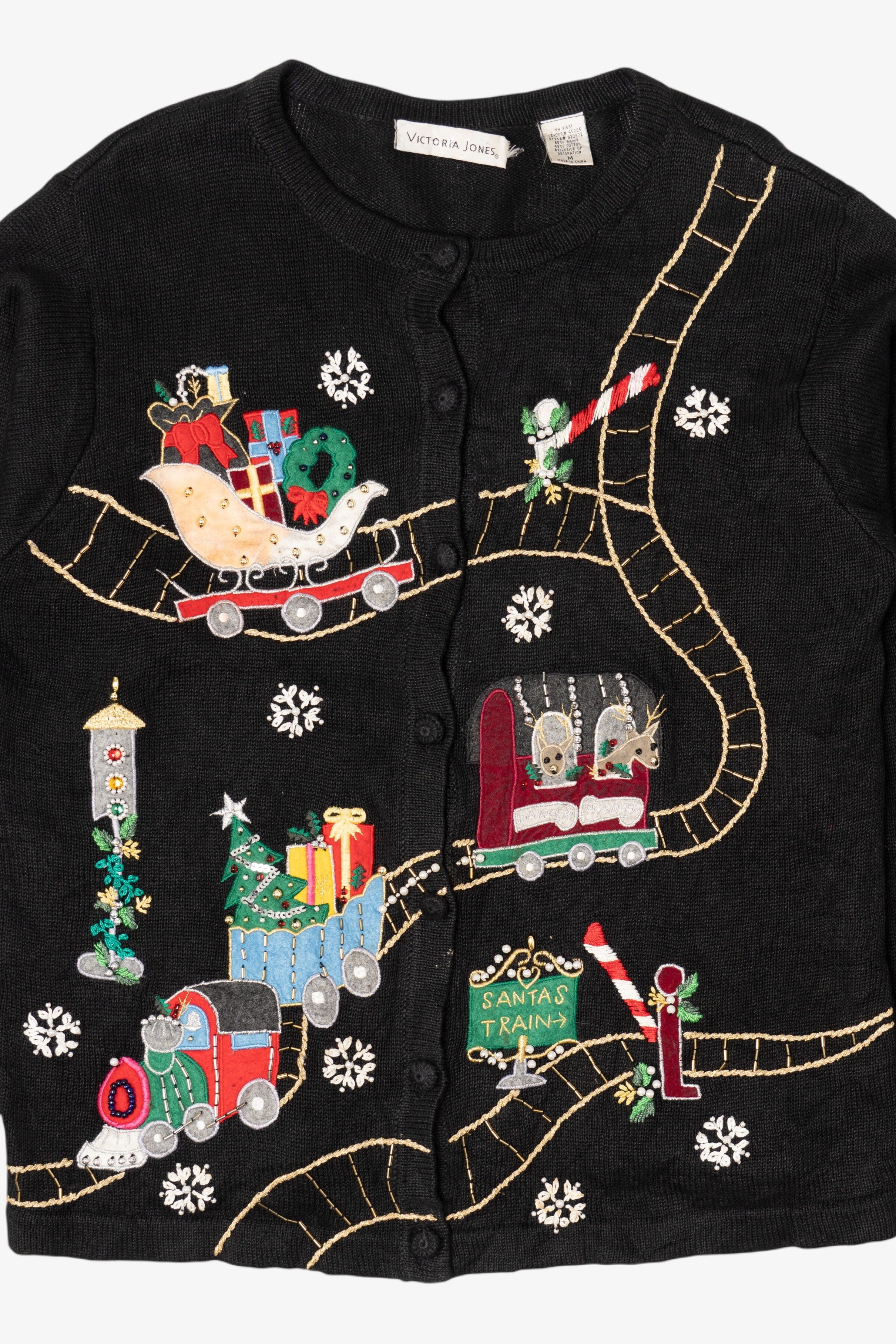 Vintage Black Victoria Jones Presents On Train Ugly Christmas Cardigan (1990s)