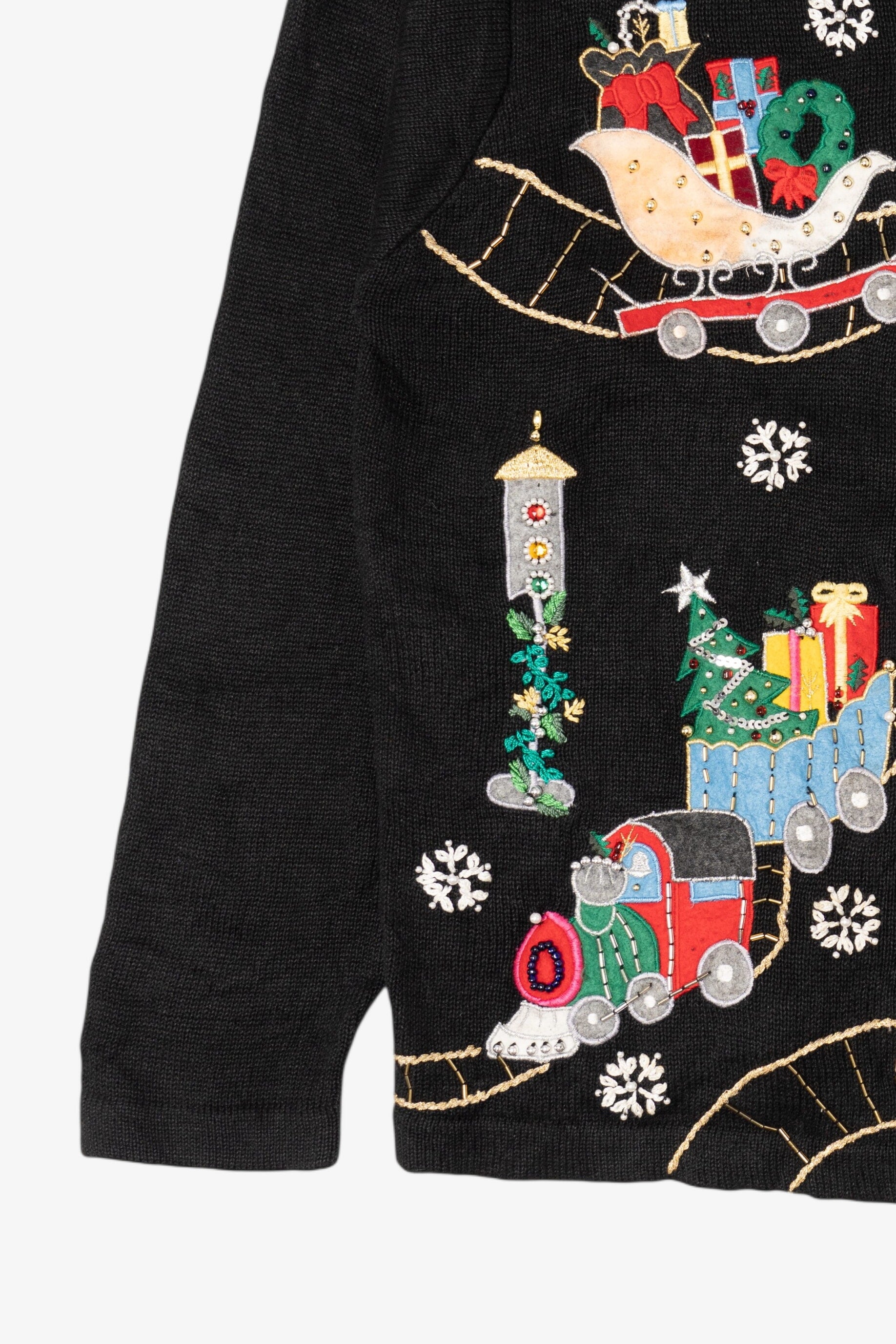 Vintage Black Victoria Jones Presents On Train Ugly Christmas Cardigan (1990s)