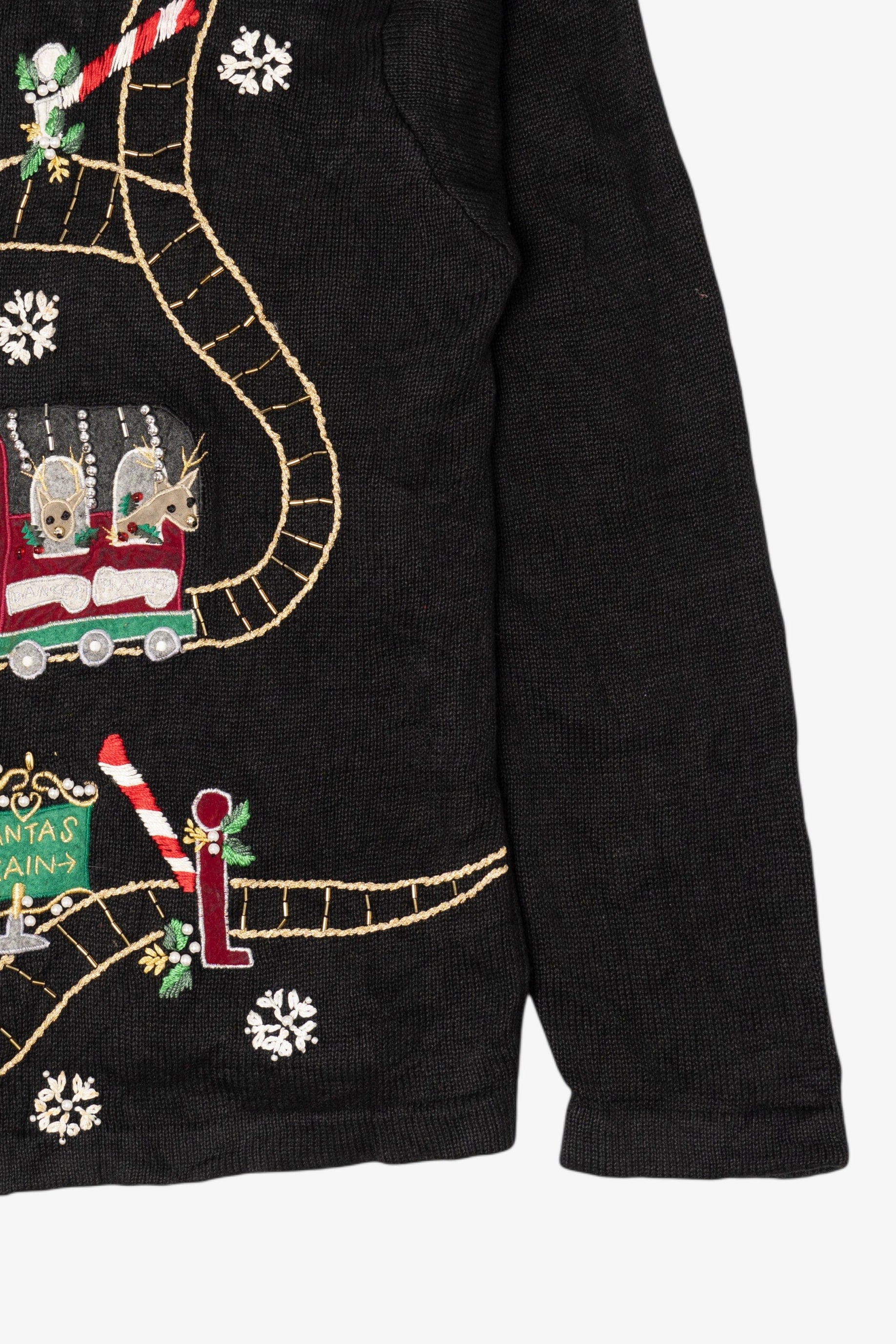 Vintage Black Victoria Jones Presents On Train Ugly Christmas Cardigan (1990s)