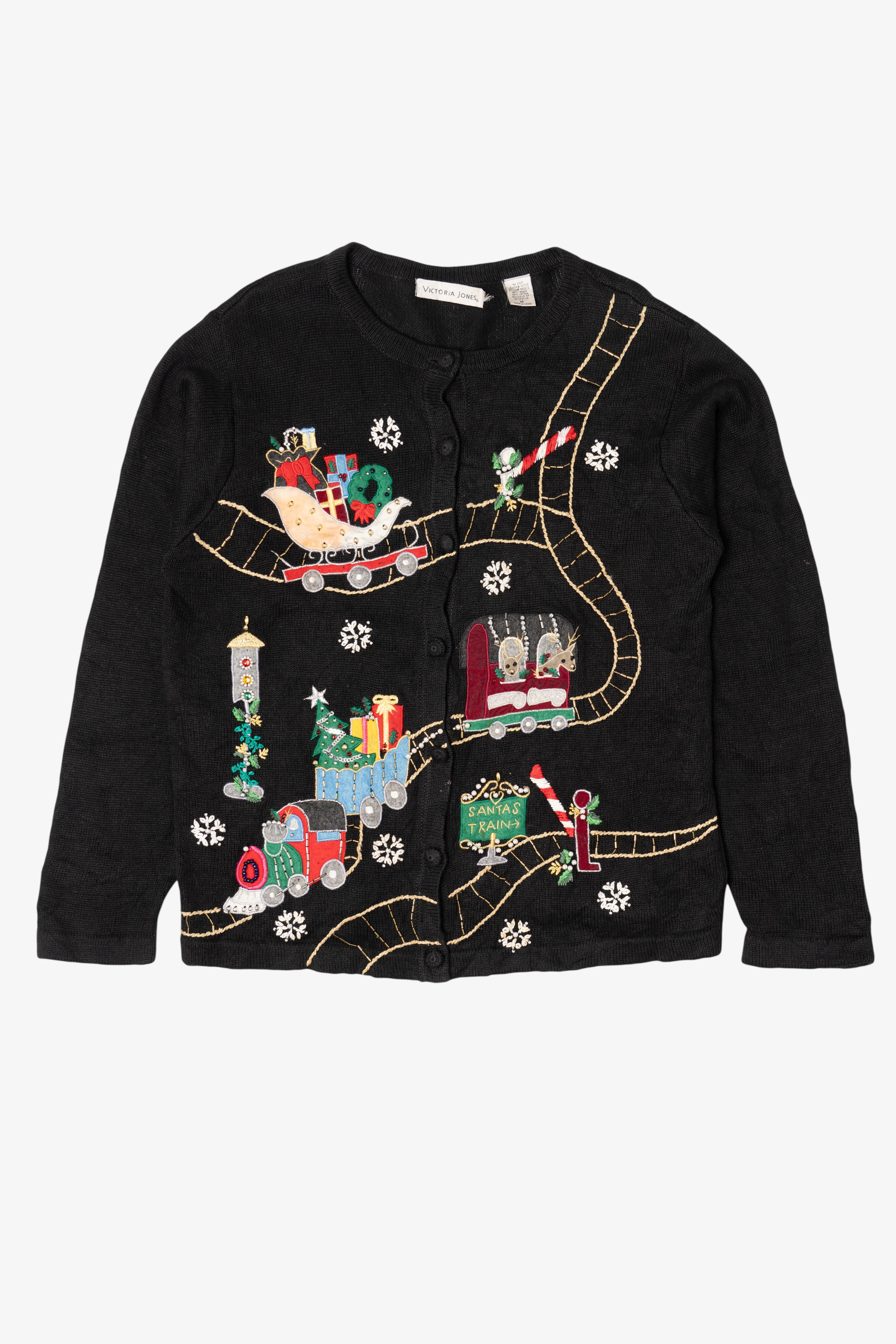Vintage Black Victoria Jones Presents On Train Ugly Christmas Cardigan (1990s)