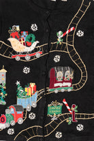 Vintage Black Victoria Jones Presents On Train Ugly Christmas Cardigan (1990s)