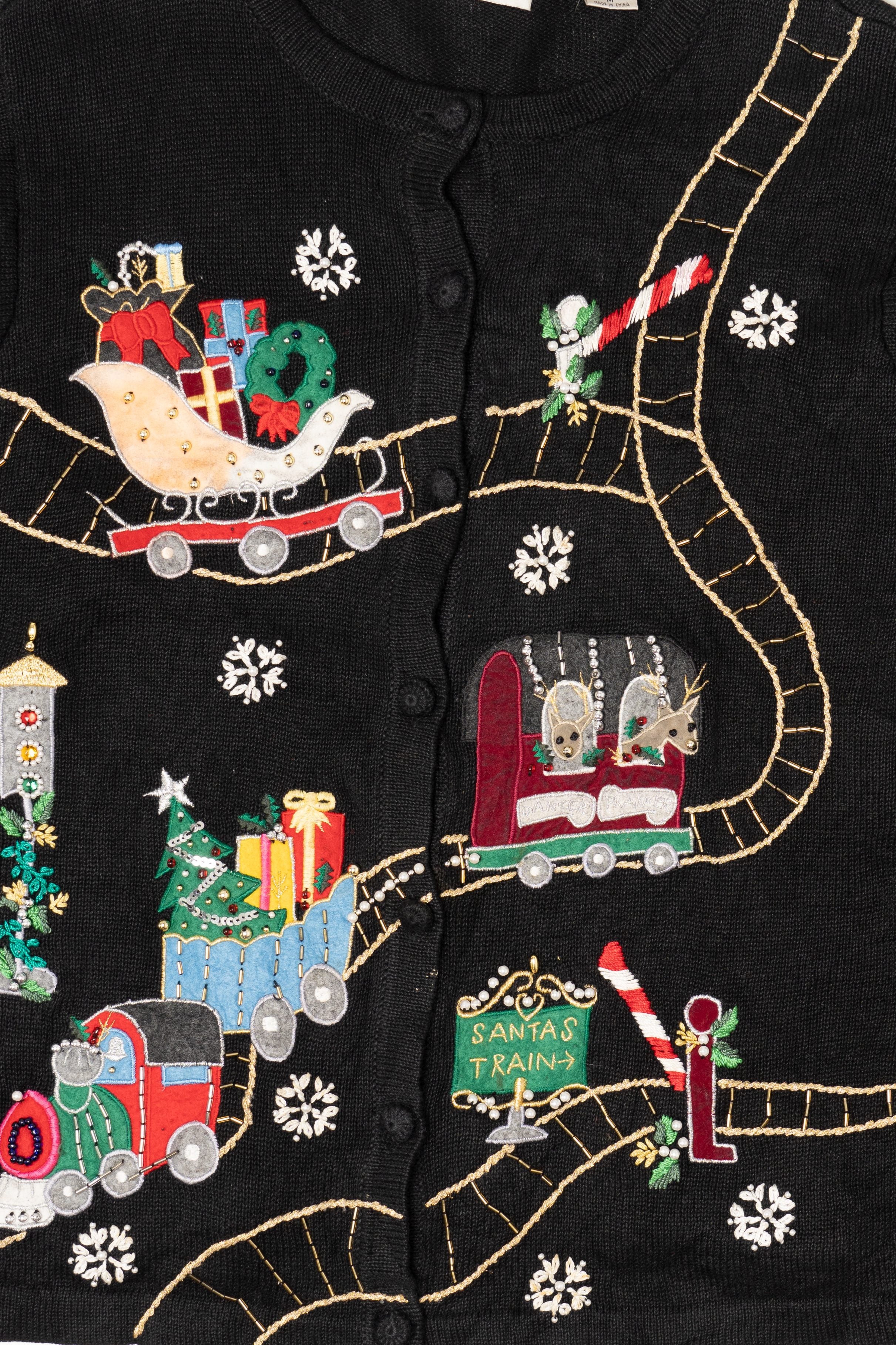 Vintage Black Victoria Jones Presents On Train Ugly Christmas Cardigan (1990s)