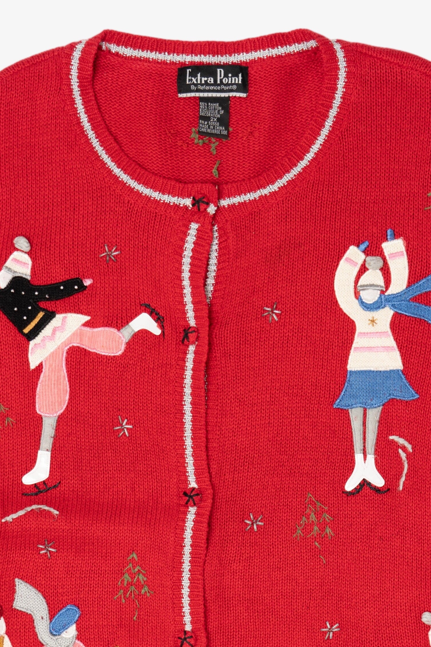 Vintage Red Extra Point Ice Skating Ugly Christmas Cardigan (2000s)