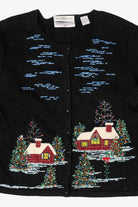 Vintage Y2k Lightweight Marisa Christina Cross Stitch Landscape Ugly Christmas Cardigan (2000s)