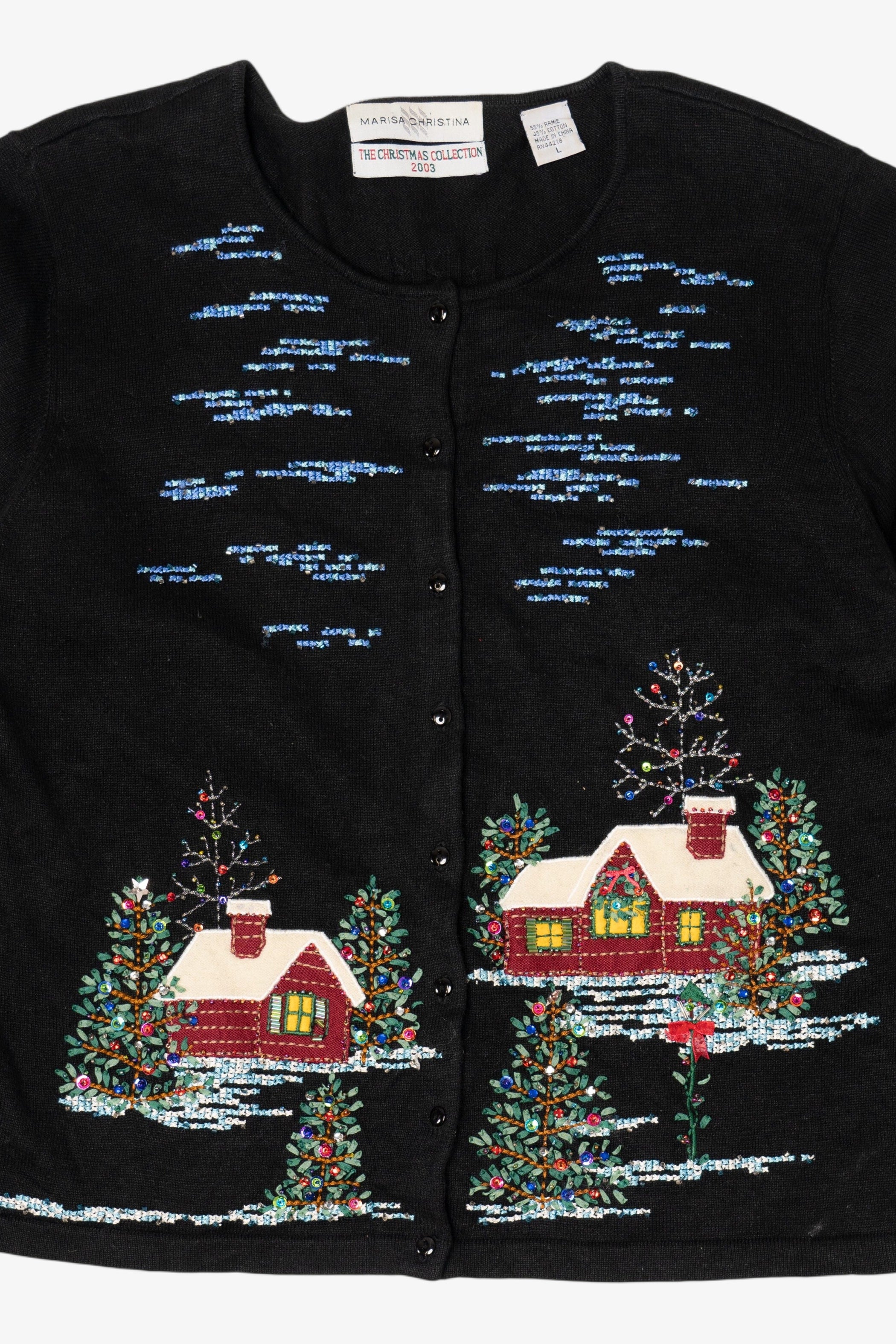 Vintage Y2k Lightweight Marisa Christina Cross Stitch Landscape Ugly Christmas Cardigan (2000s)