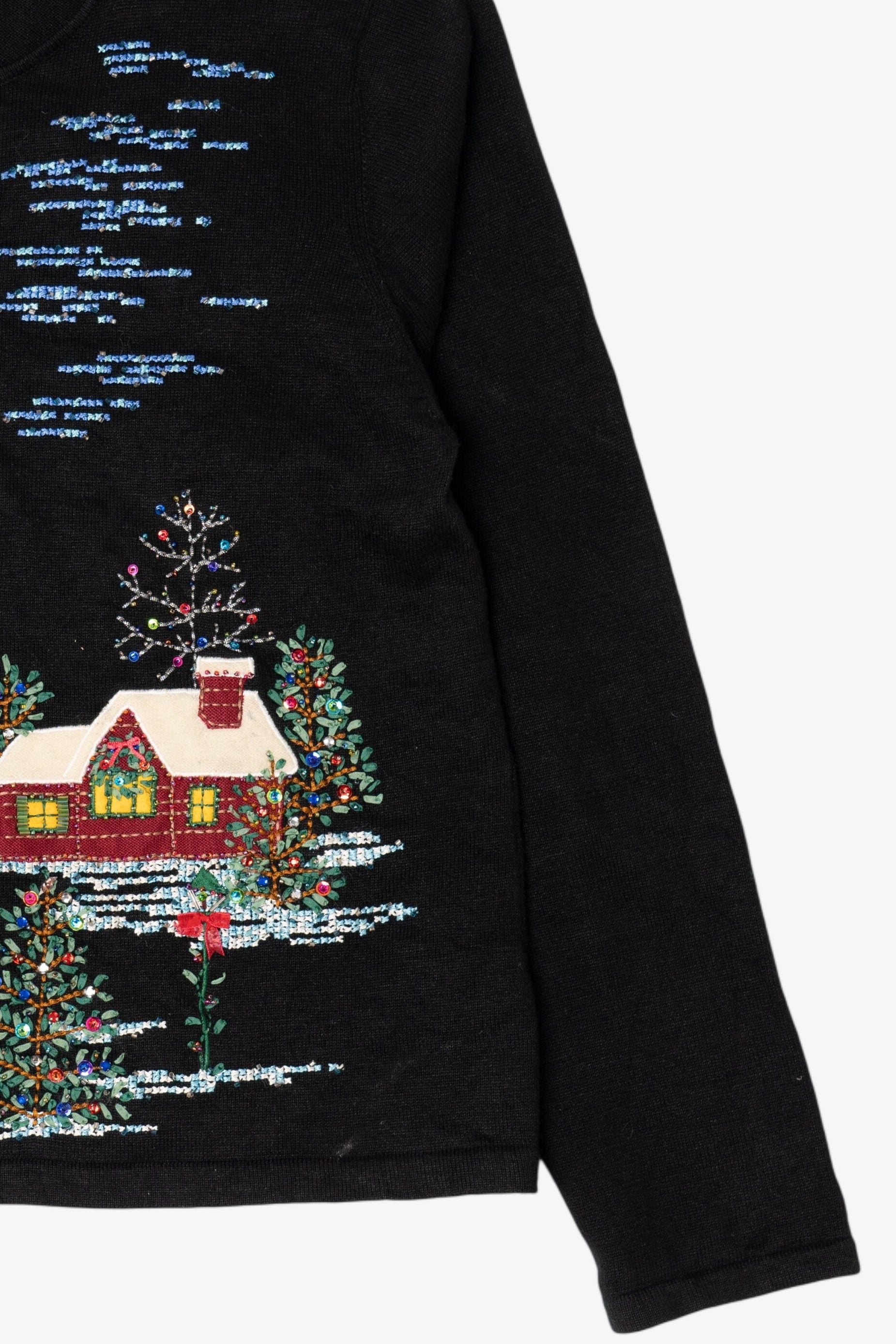 Vintage Y2k Lightweight Marisa Christina Cross Stitch Landscape Ugly Christmas Cardigan (2000s)