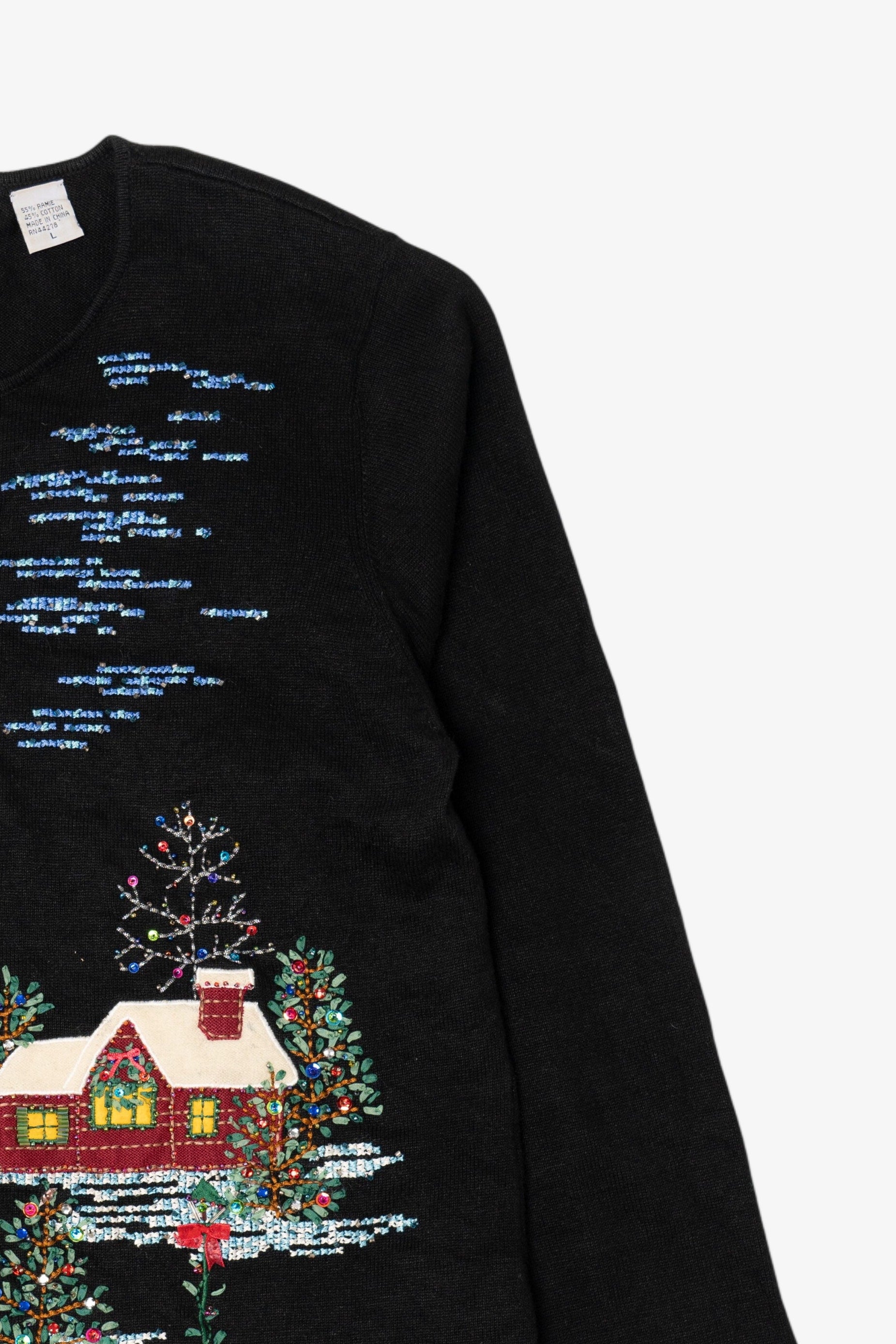 Vintage Y2k Lightweight Marisa Christina Cross Stitch Landscape Ugly Christmas Cardigan (2000s)