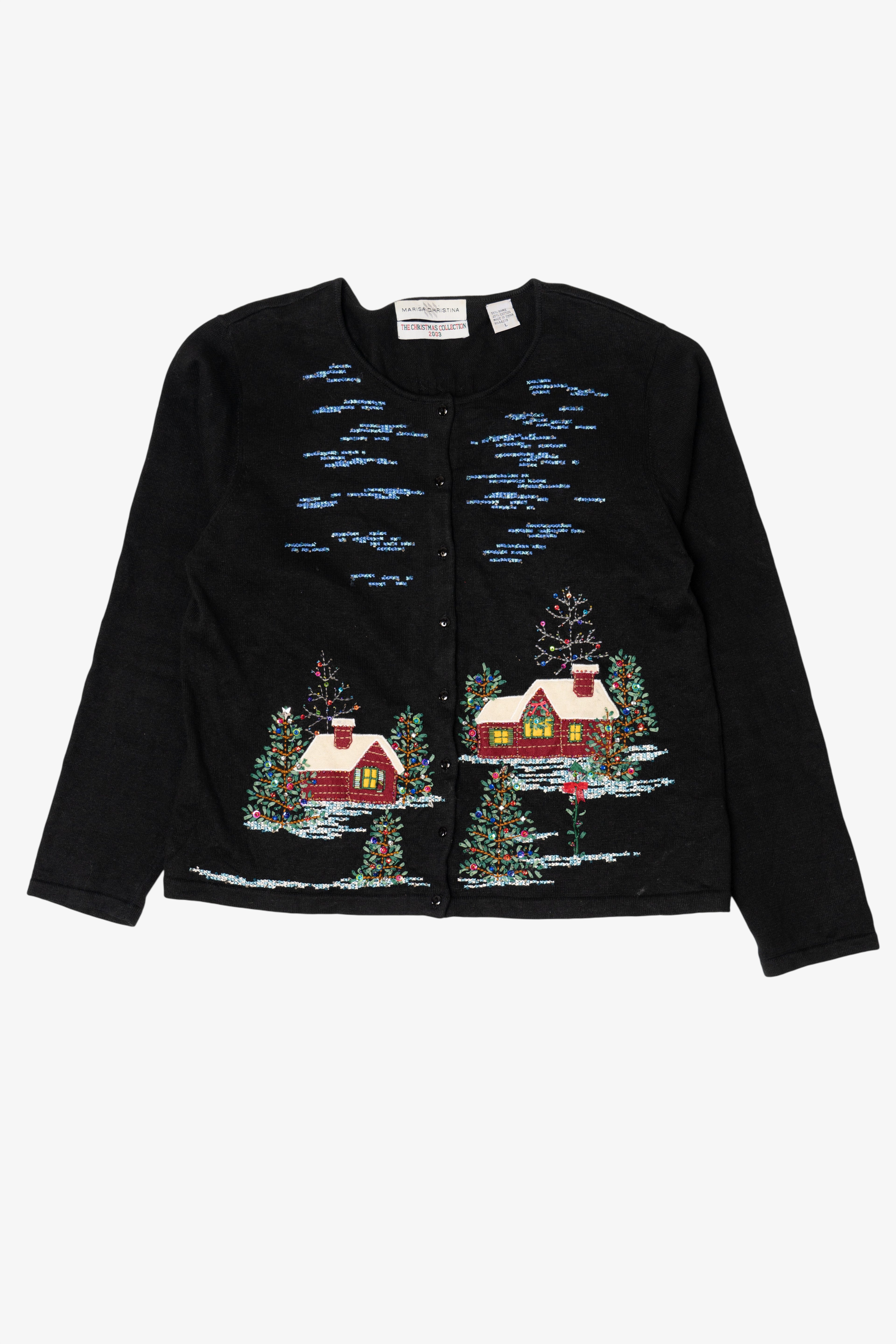 Vintage Y2k Lightweight Marisa Christina Cross Stitch Landscape Ugly Christmas Cardigan (2000s)