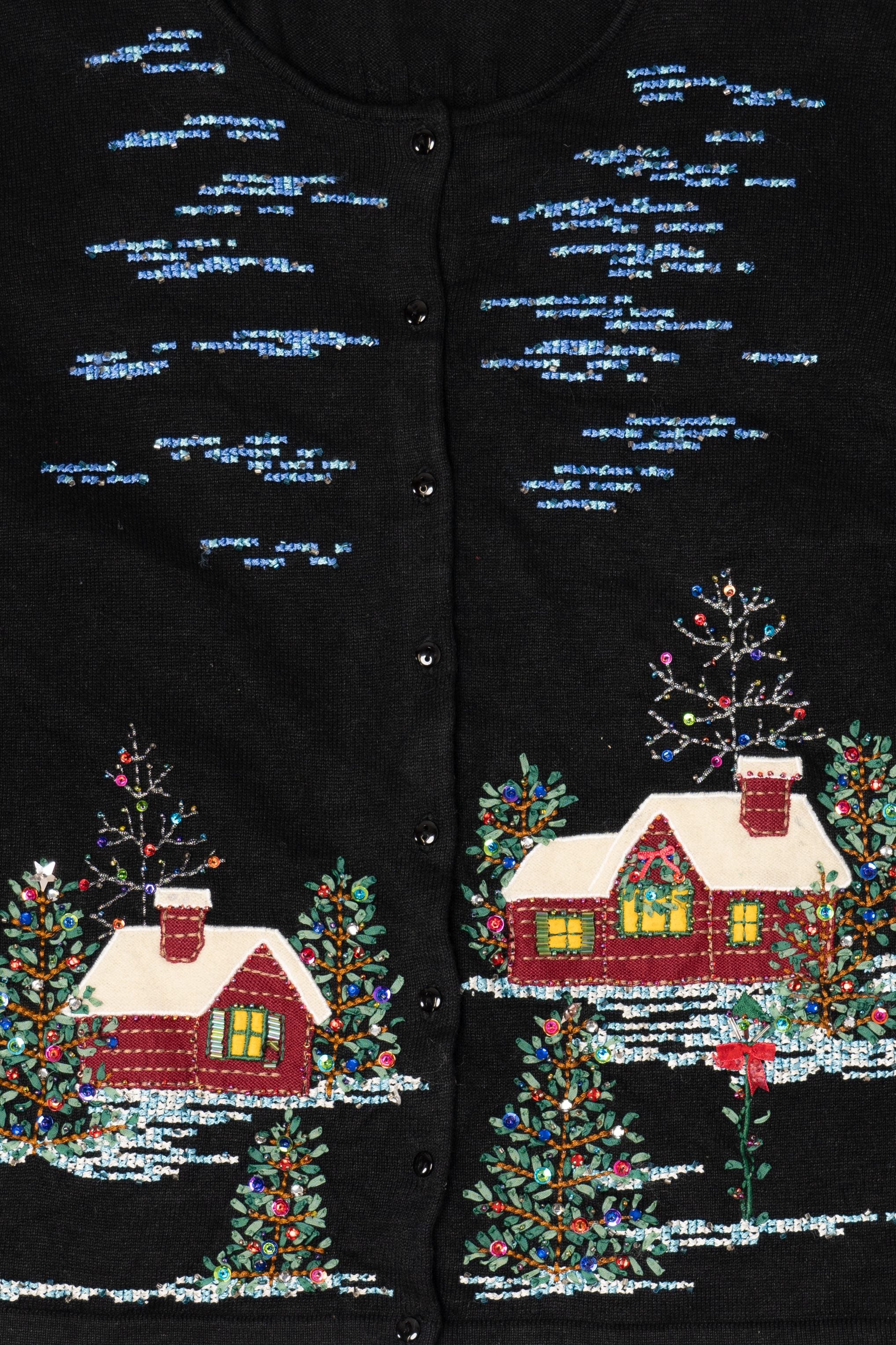 Vintage Y2k Lightweight Marisa Christina Cross Stitch Landscape Ugly Christmas Cardigan (2000s)