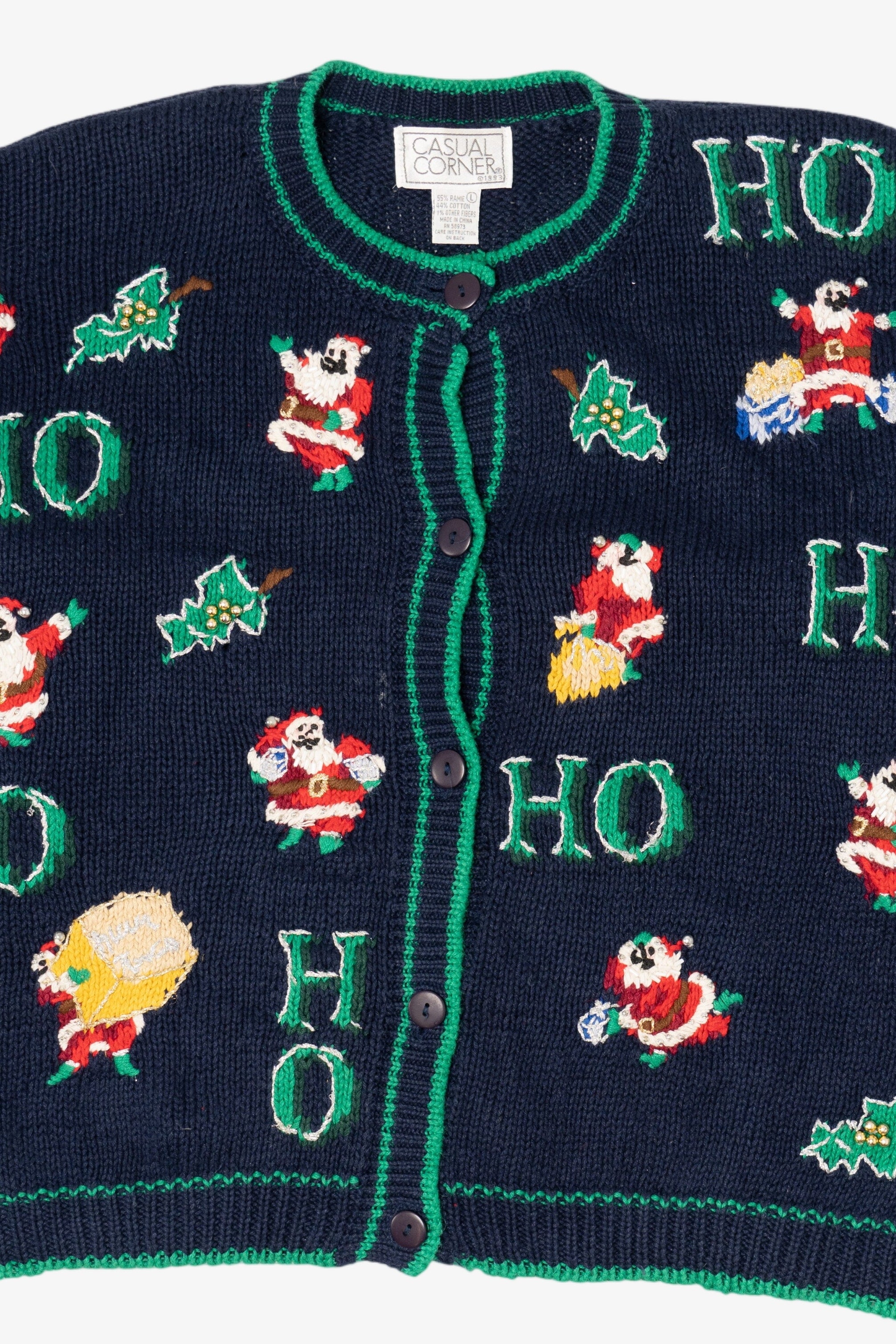 Vintage Navy Blue Casual Corner "Ho Ho Ho" Santa Ugly Christmas Cardigan (1990s)