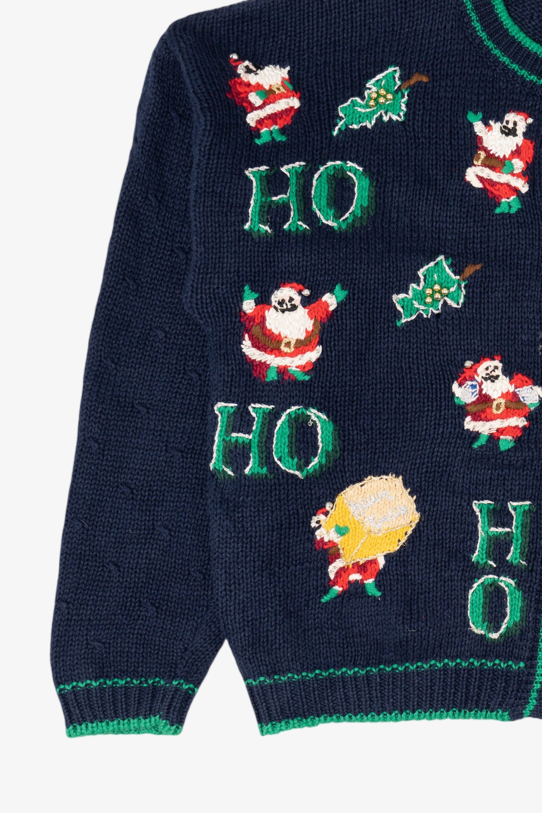 Vintage Navy Blue Casual Corner "Ho Ho Ho" Santa Ugly Christmas Cardigan (1990s)