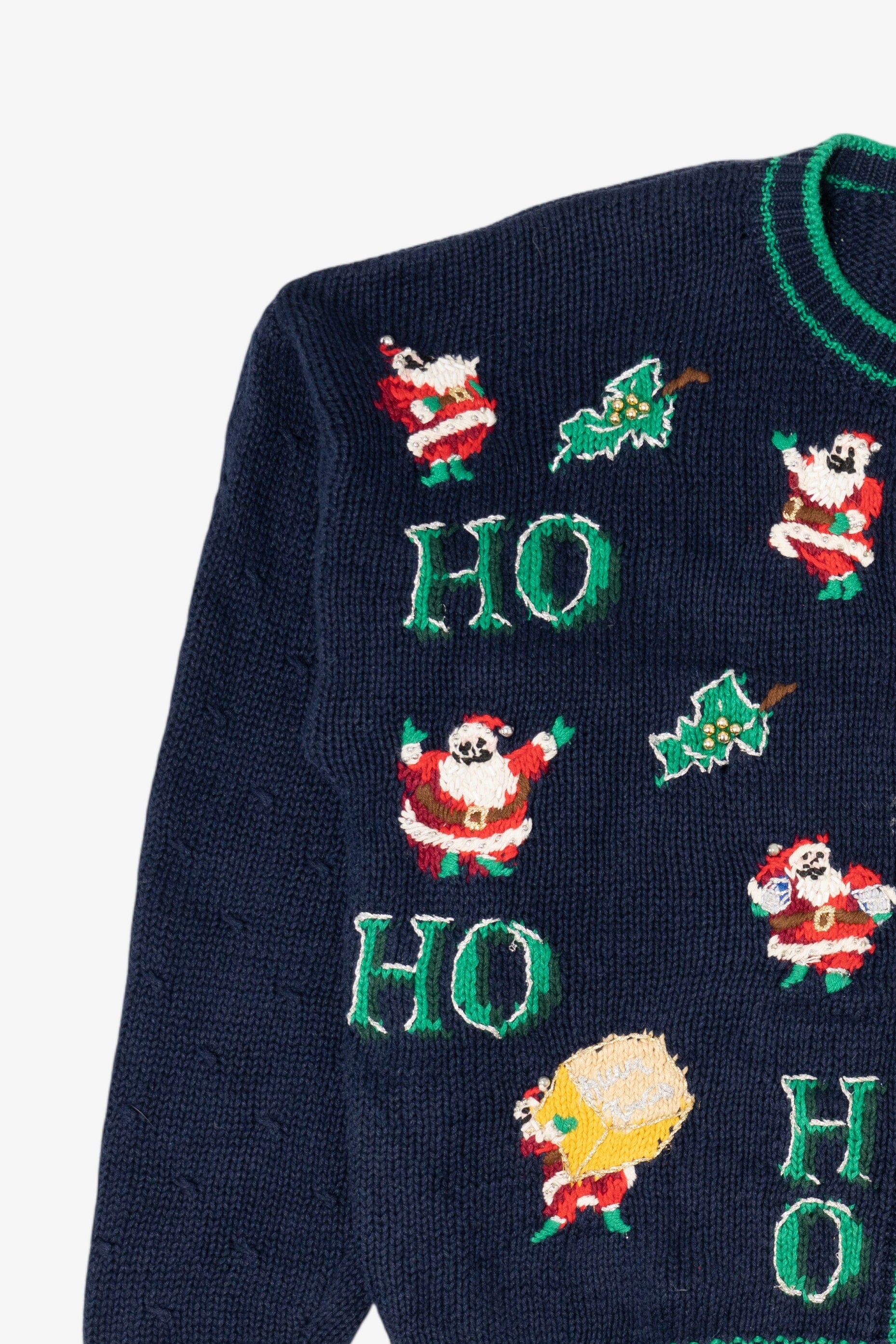 Vintage Navy Blue Casual Corner "Ho Ho Ho" Santa Ugly Christmas Cardigan (1990s)