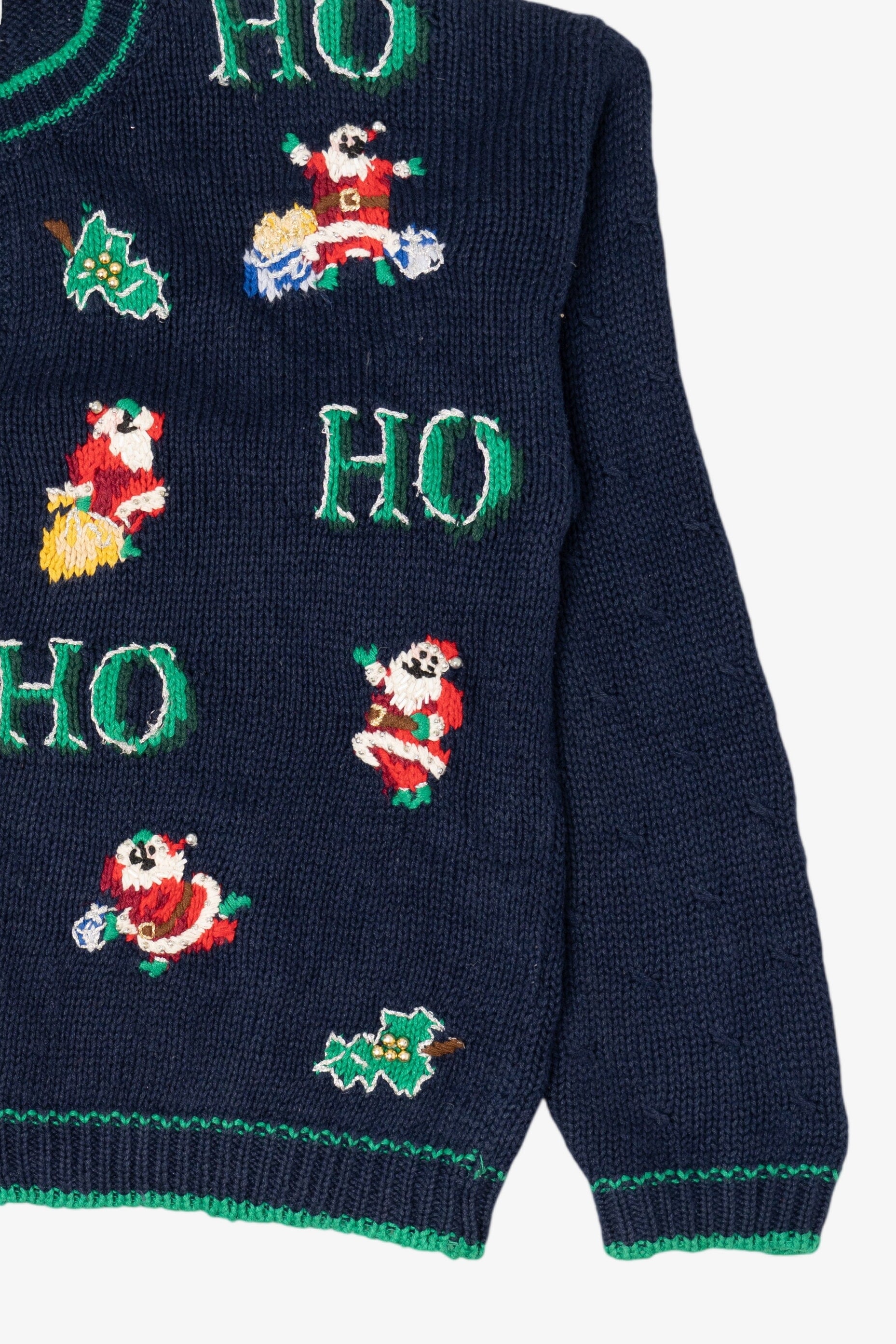 Vintage Navy Blue Casual Corner "Ho Ho Ho" Santa Ugly Christmas Cardigan (1990s)