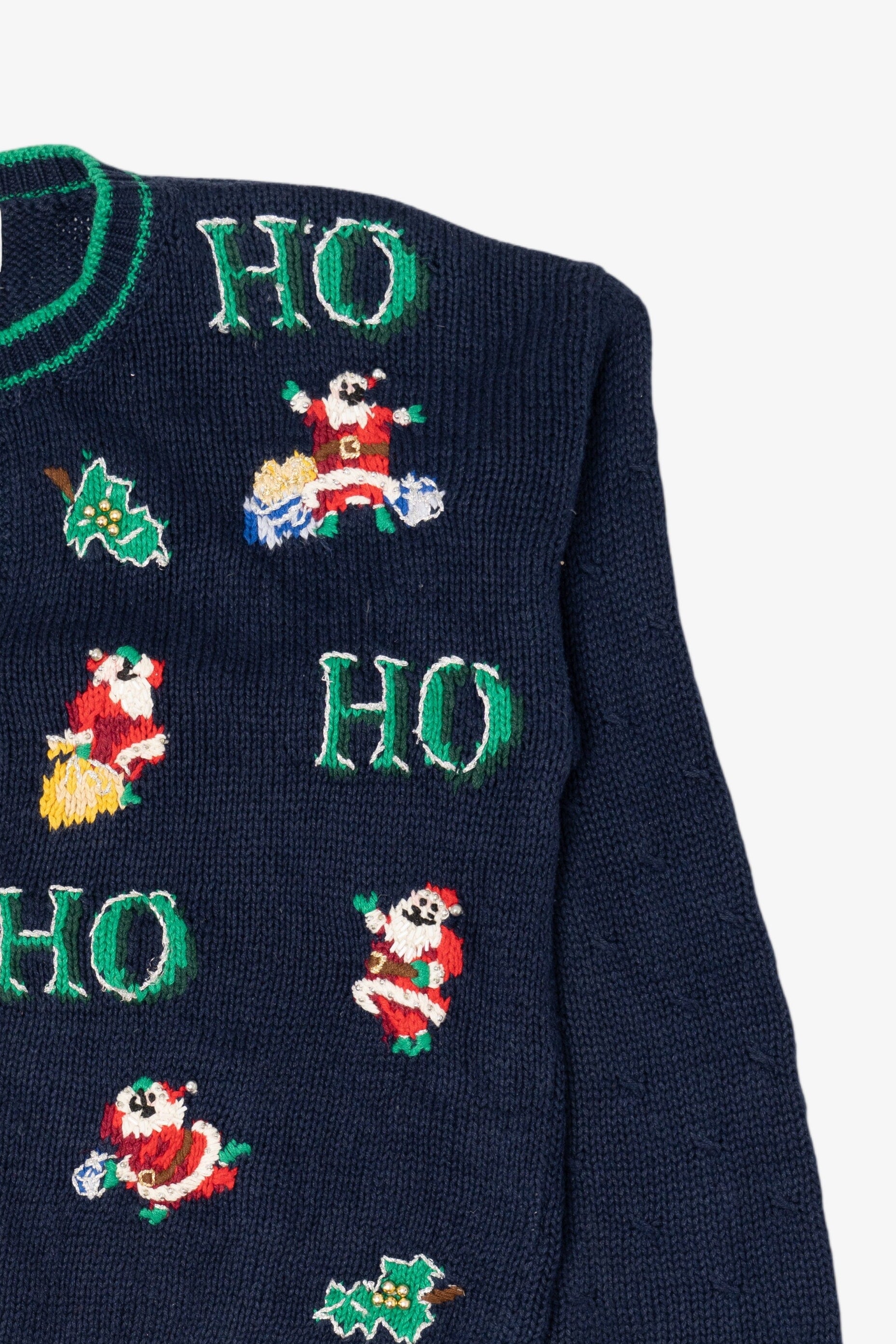Vintage Navy Blue Casual Corner "Ho Ho Ho" Santa Ugly Christmas Cardigan (1990s)