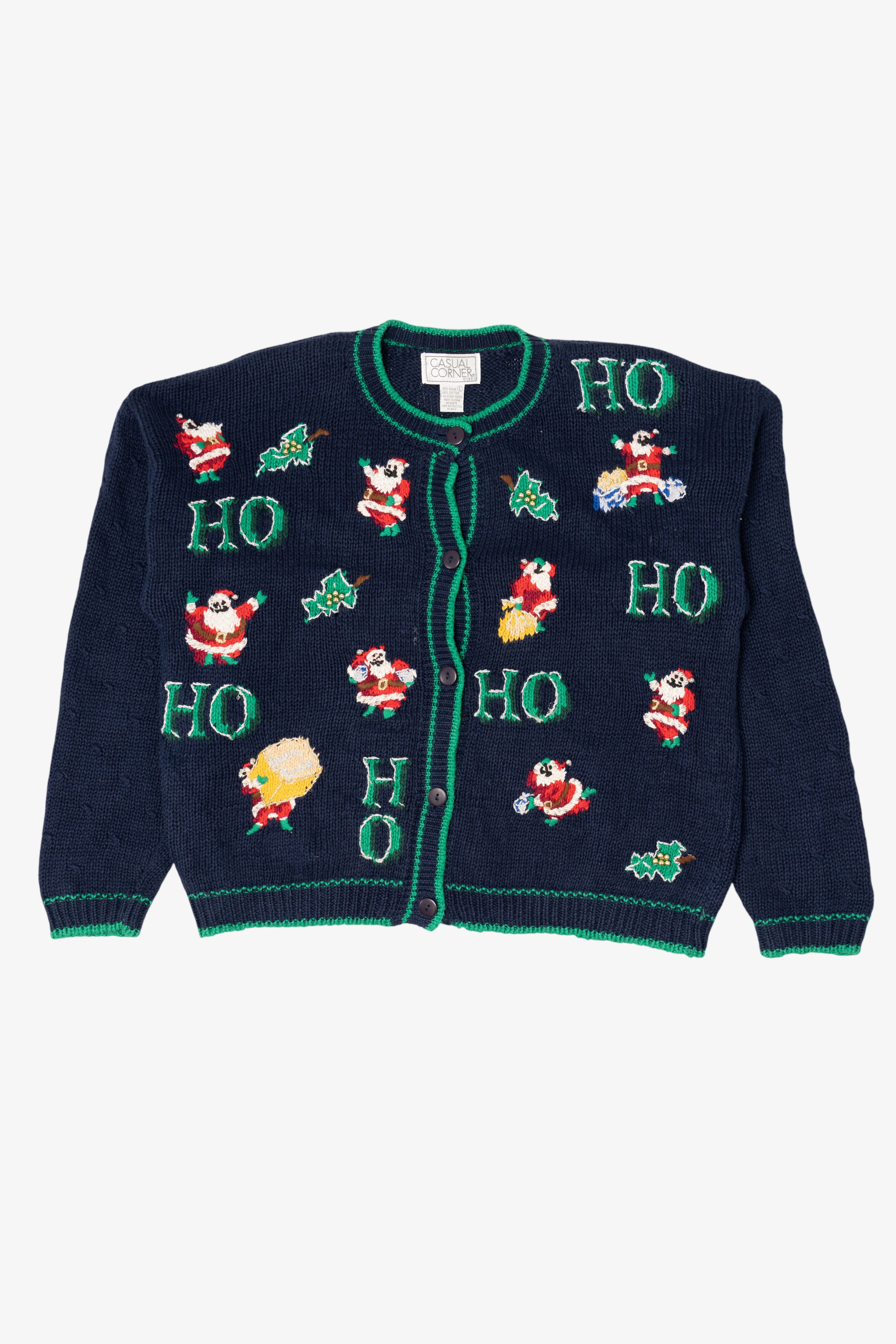 Vintage Navy Blue Casual Corner "Ho Ho Ho" Santa Ugly Christmas Cardigan (1990s)