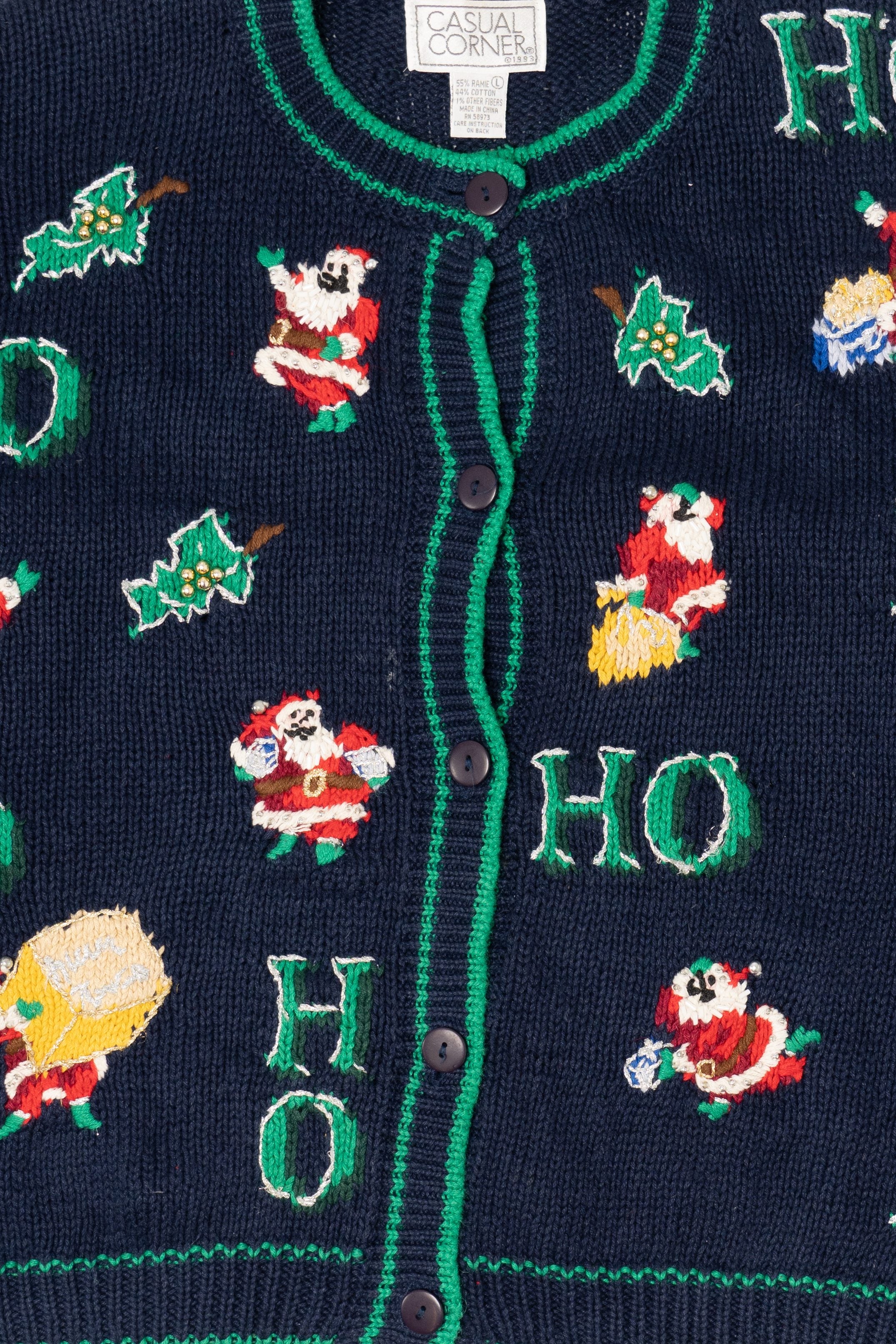 Vintage Navy Blue Casual Corner "Ho Ho Ho" Santa Ugly Christmas Cardigan (1990s)