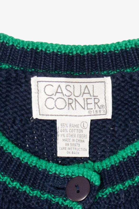 Vintage Navy Blue Casual Corner "Ho Ho Ho" Santa Ugly Christmas Cardigan (1990s)