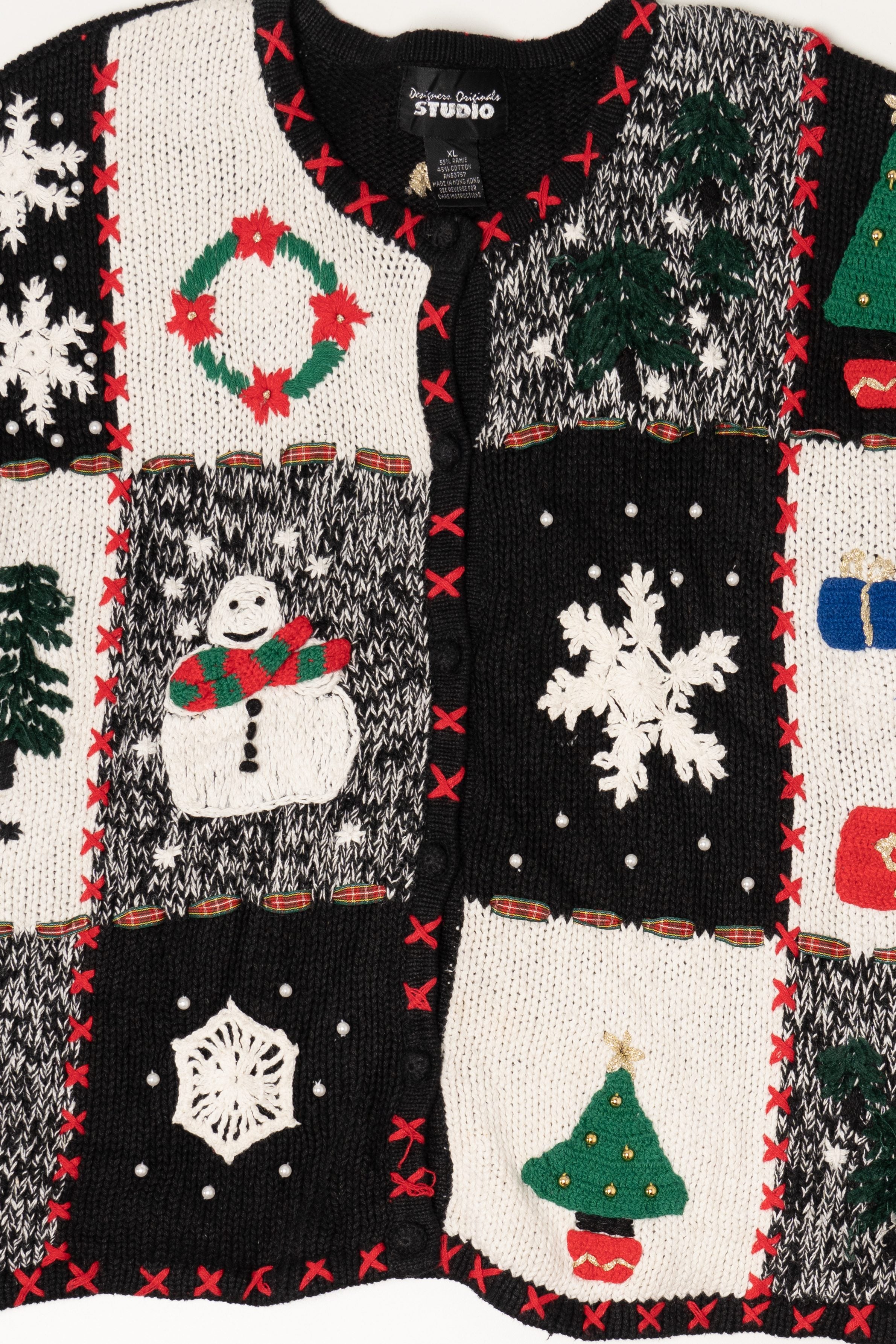 Vintage Black Designers Originals Studio Squares Ugly Christmas Cardigan (1990s)