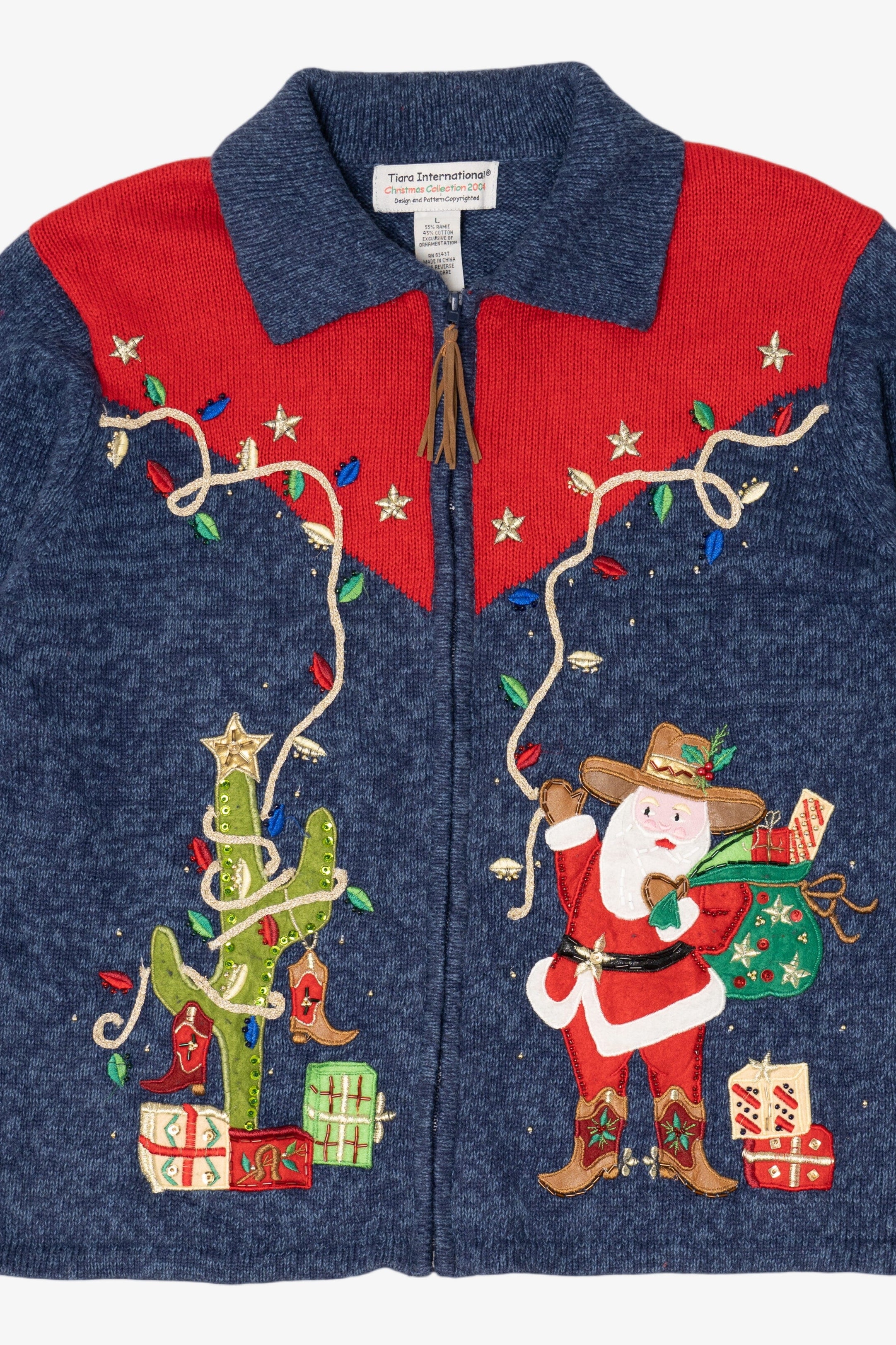 Vintage Blue Tiara International Cowboy Santa Ugly Christmas Cardigan (2000s)