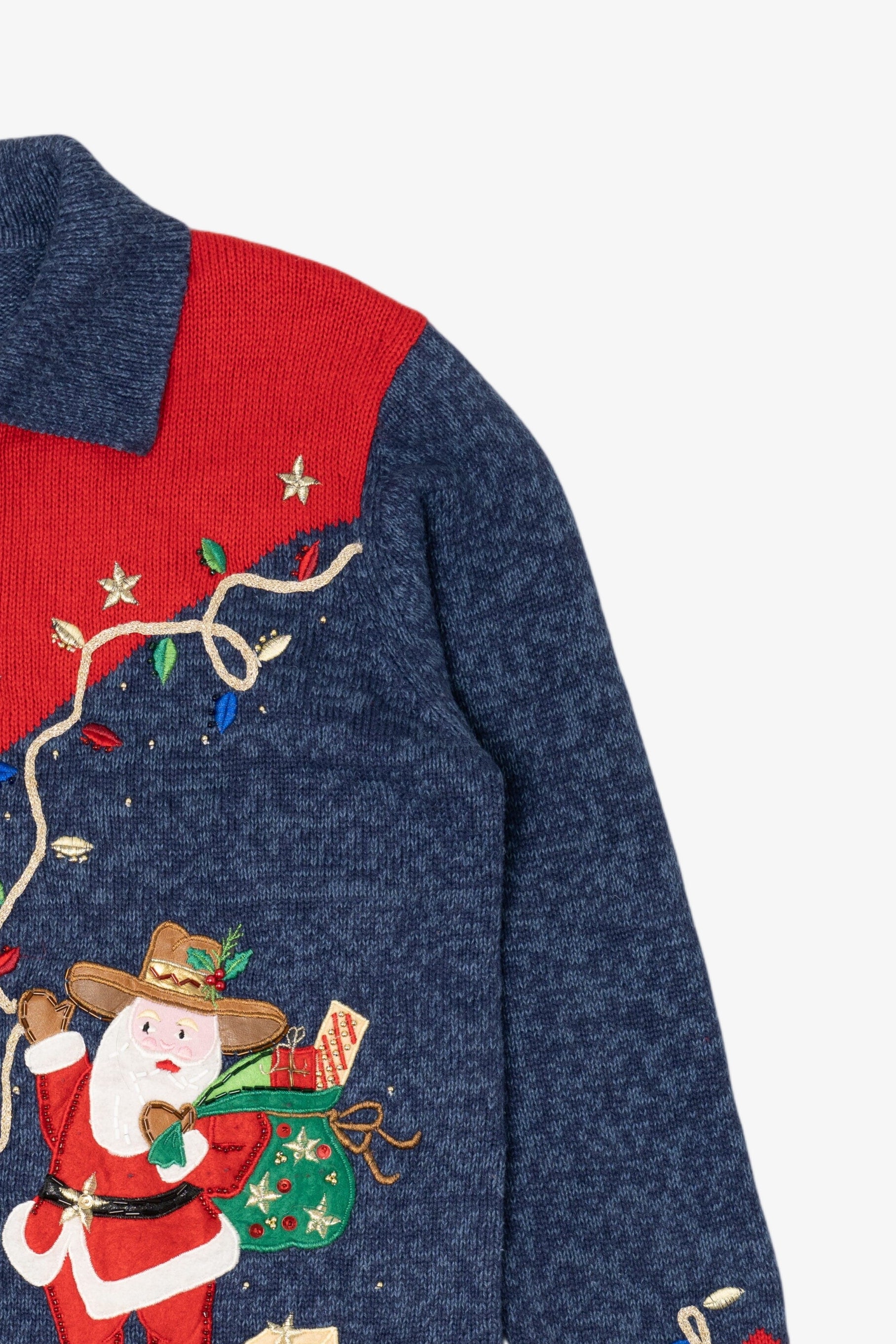 Vintage Blue Tiara International Cowboy Santa Ugly Christmas Cardigan (2000s)