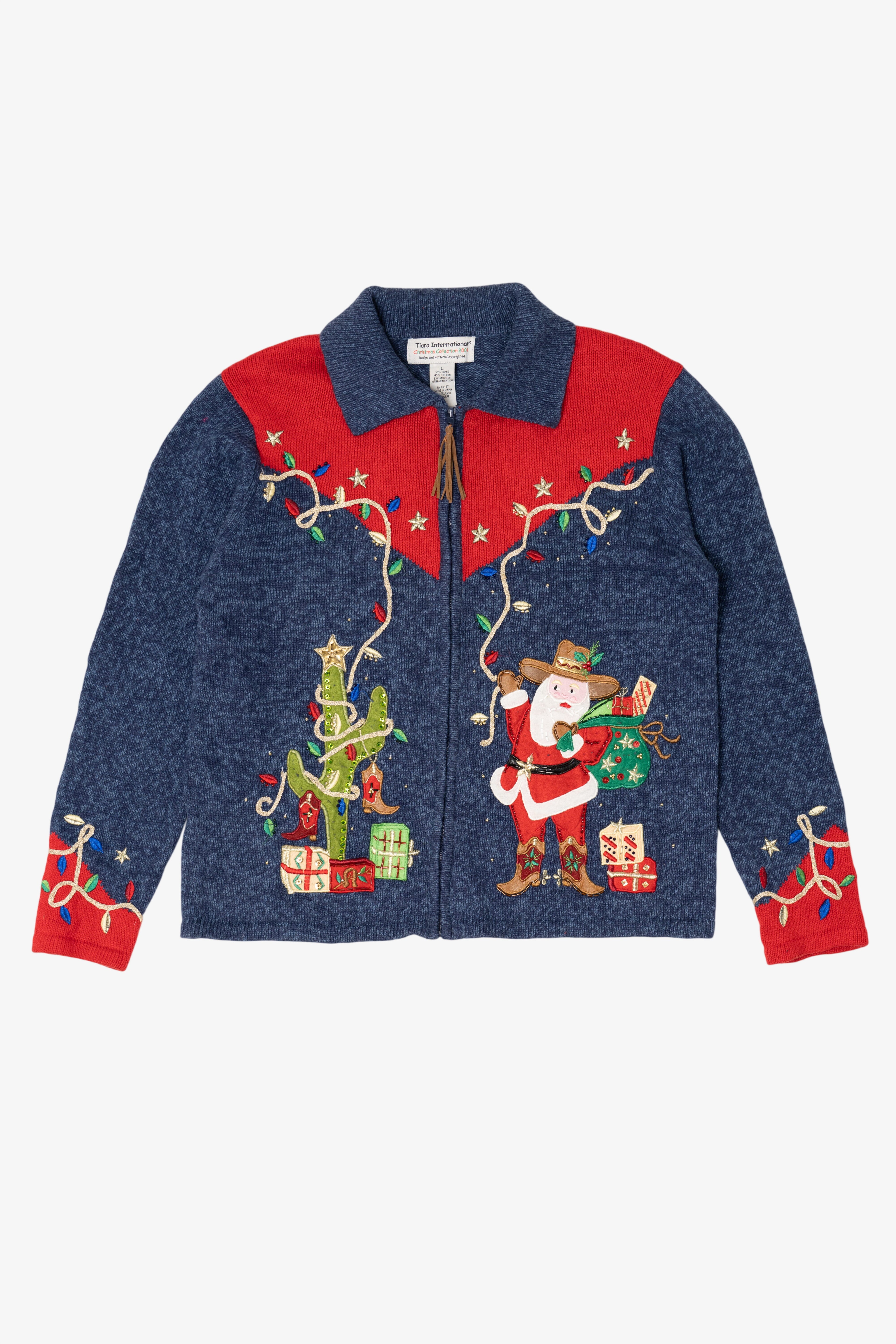 Vintage Blue Tiara International Cowboy Santa Ugly Christmas Cardigan (2000s)