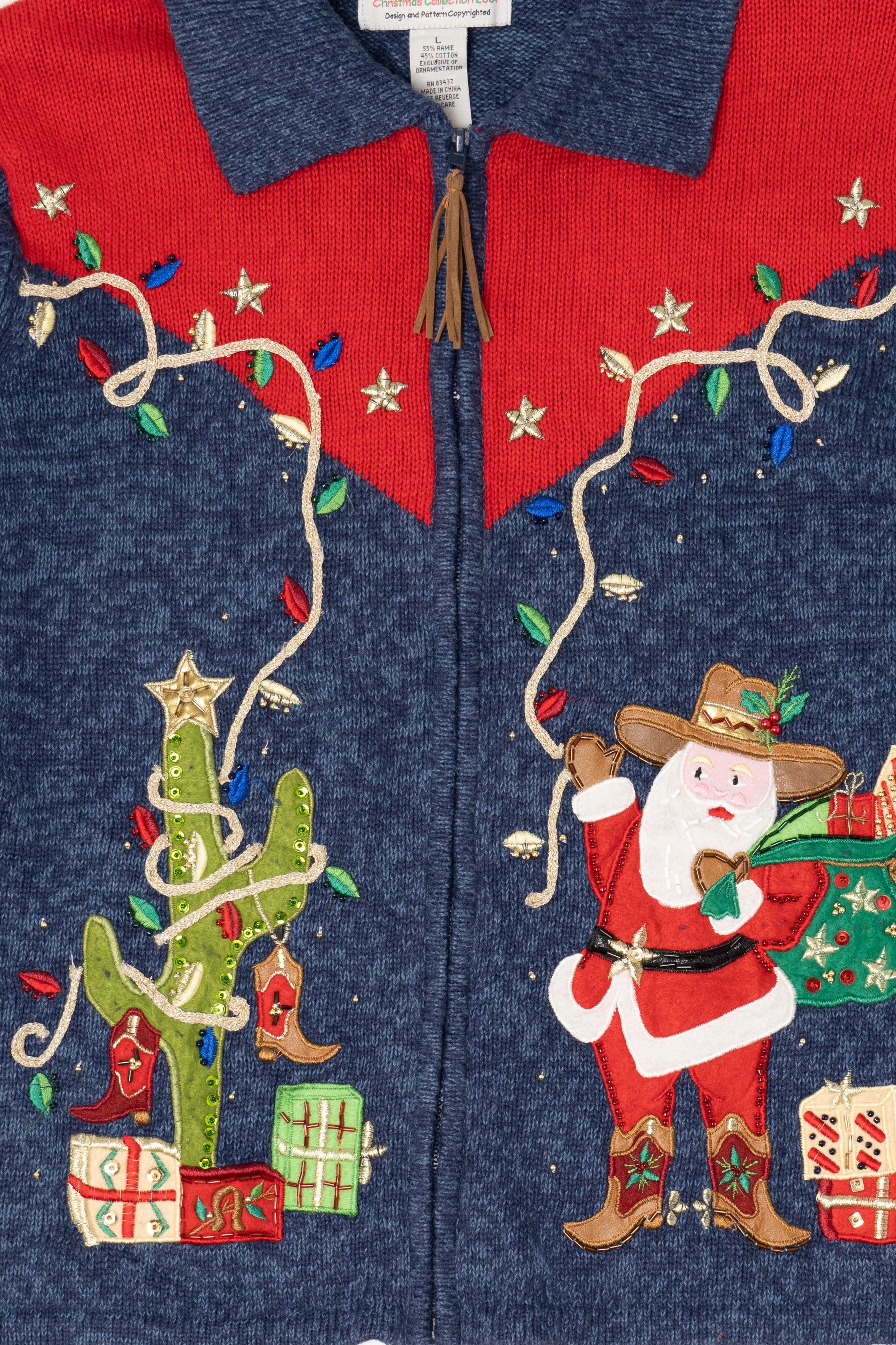 Vintage Blue Tiara International Cowboy Santa Ugly Christmas Cardigan (2000s)
