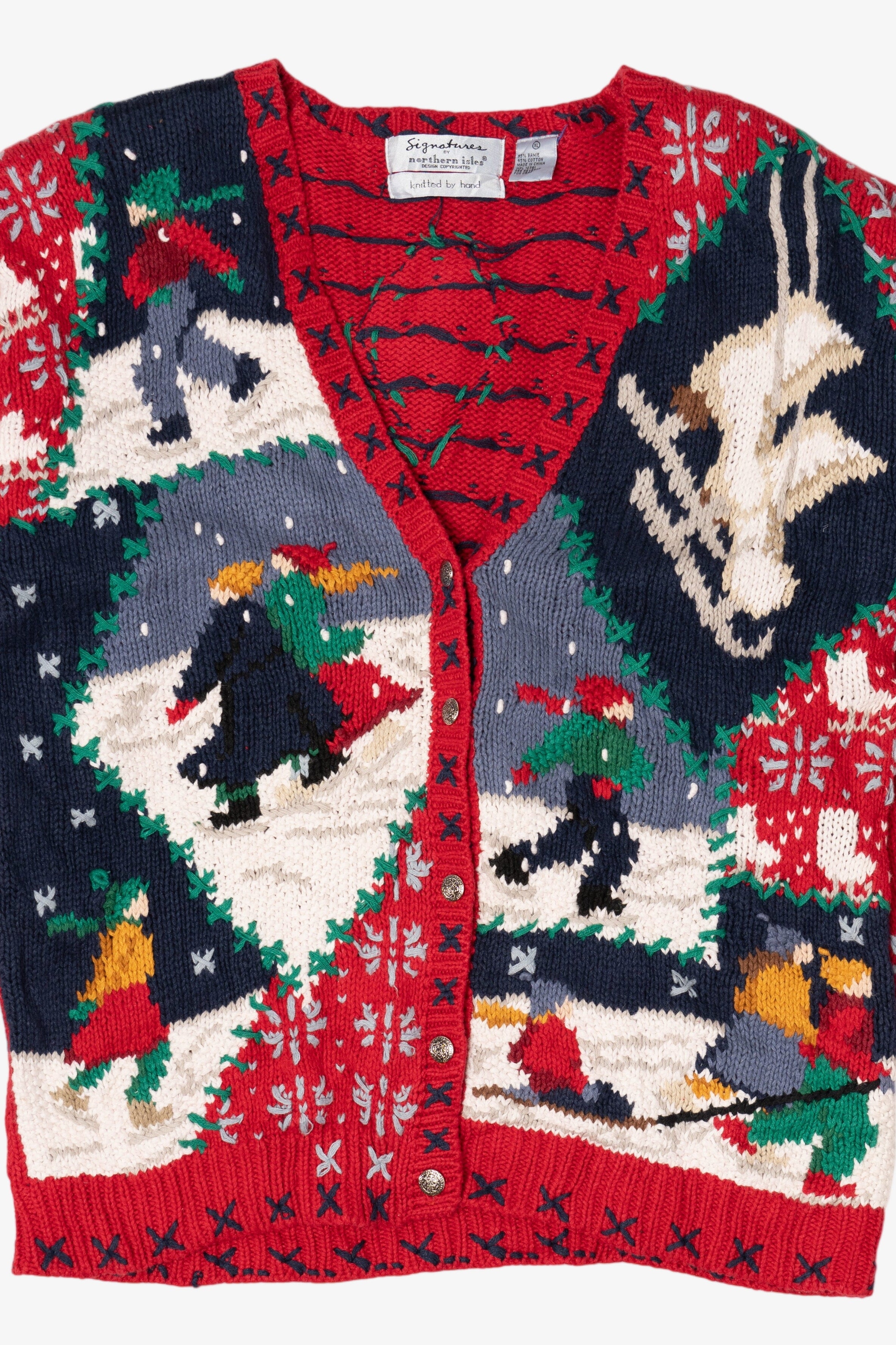 Vintage Hand Knit Red Signatures Ice Skating Ugly Christmas Cardigan (1990s)