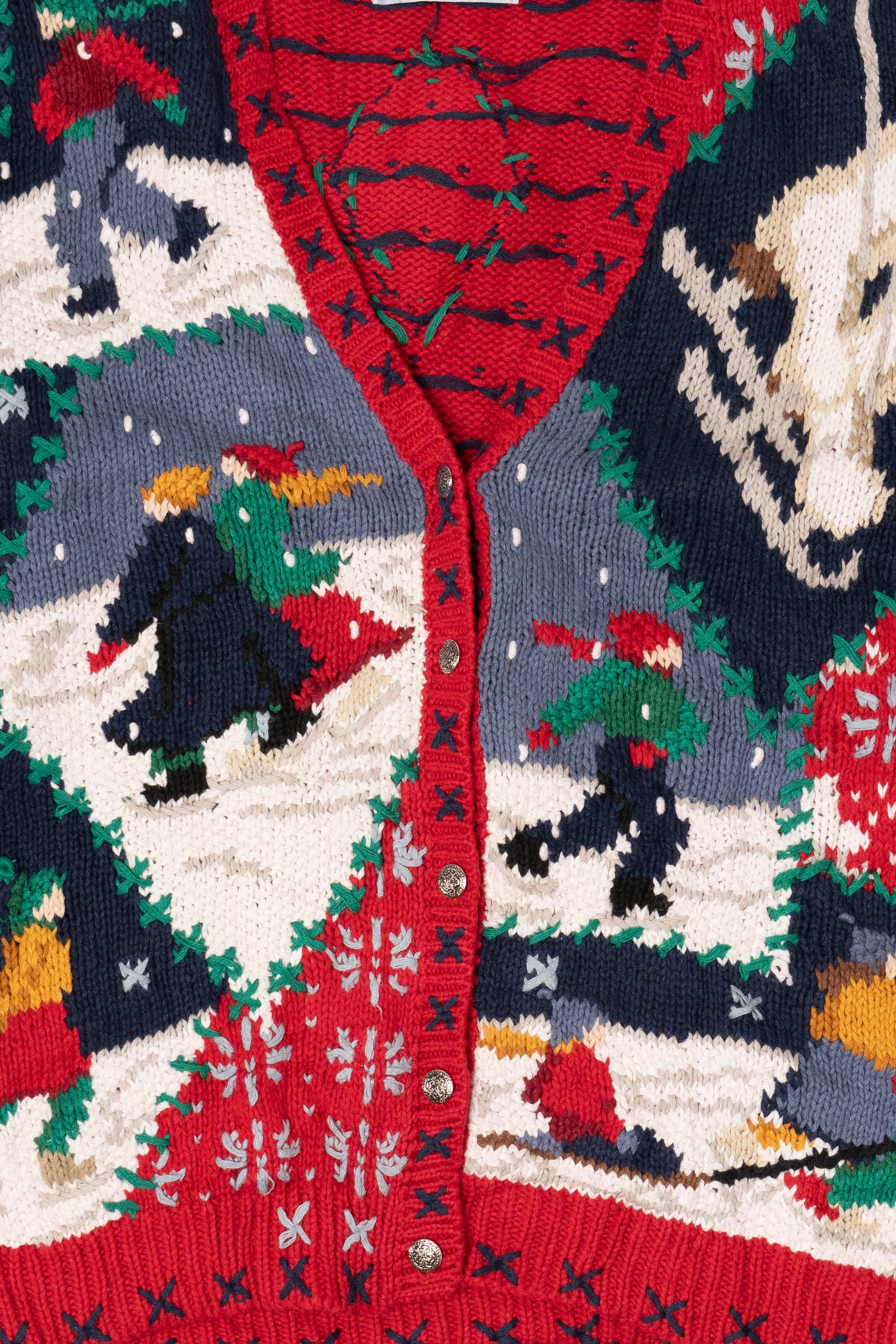 Vintage Hand Knit Red Signatures Ice Skating Ugly Christmas Cardigan (1990s)
