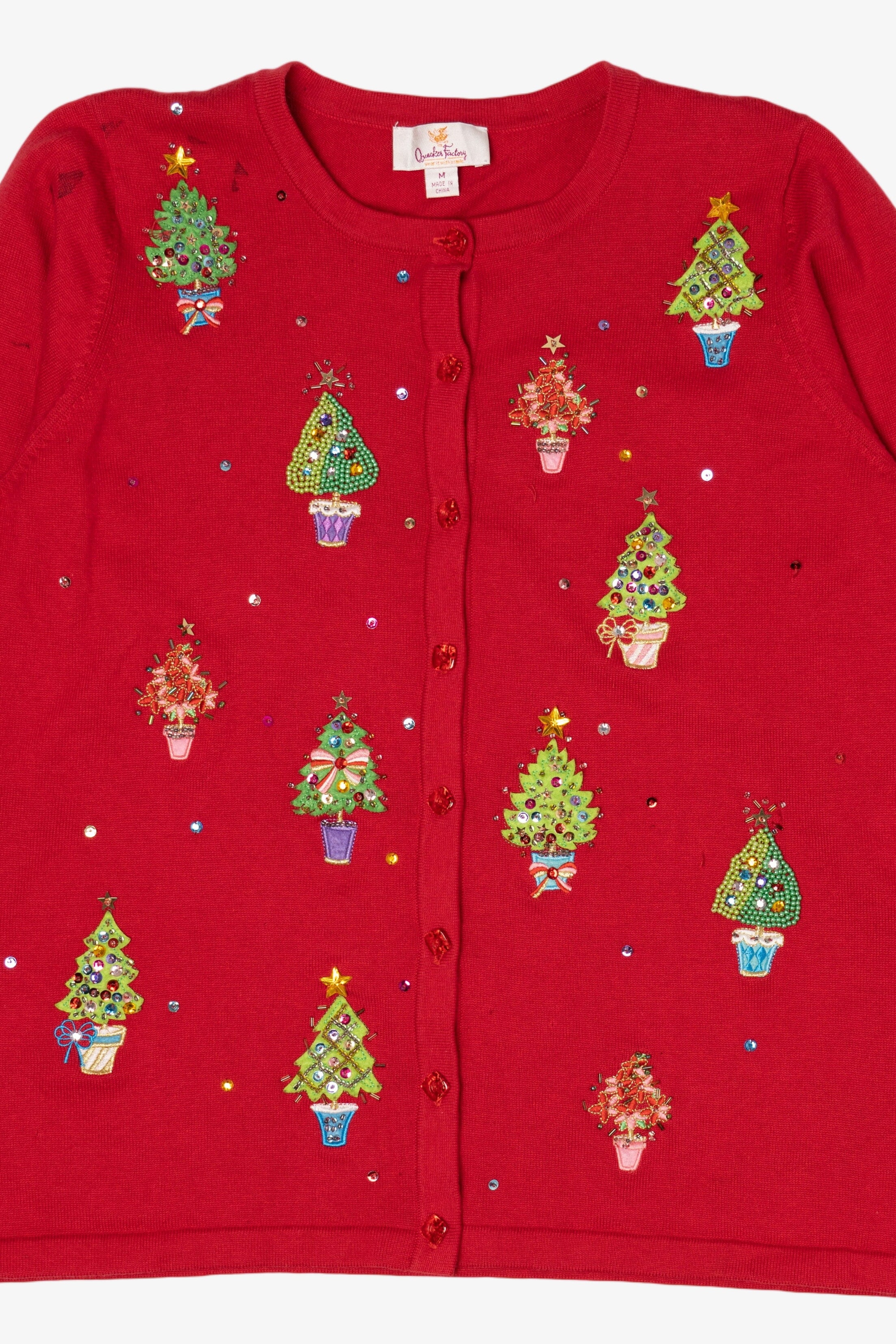 Vintage Y2k Lightweight Red Quacker Factory Trees Ugly Christmas Cardigan (2000s)