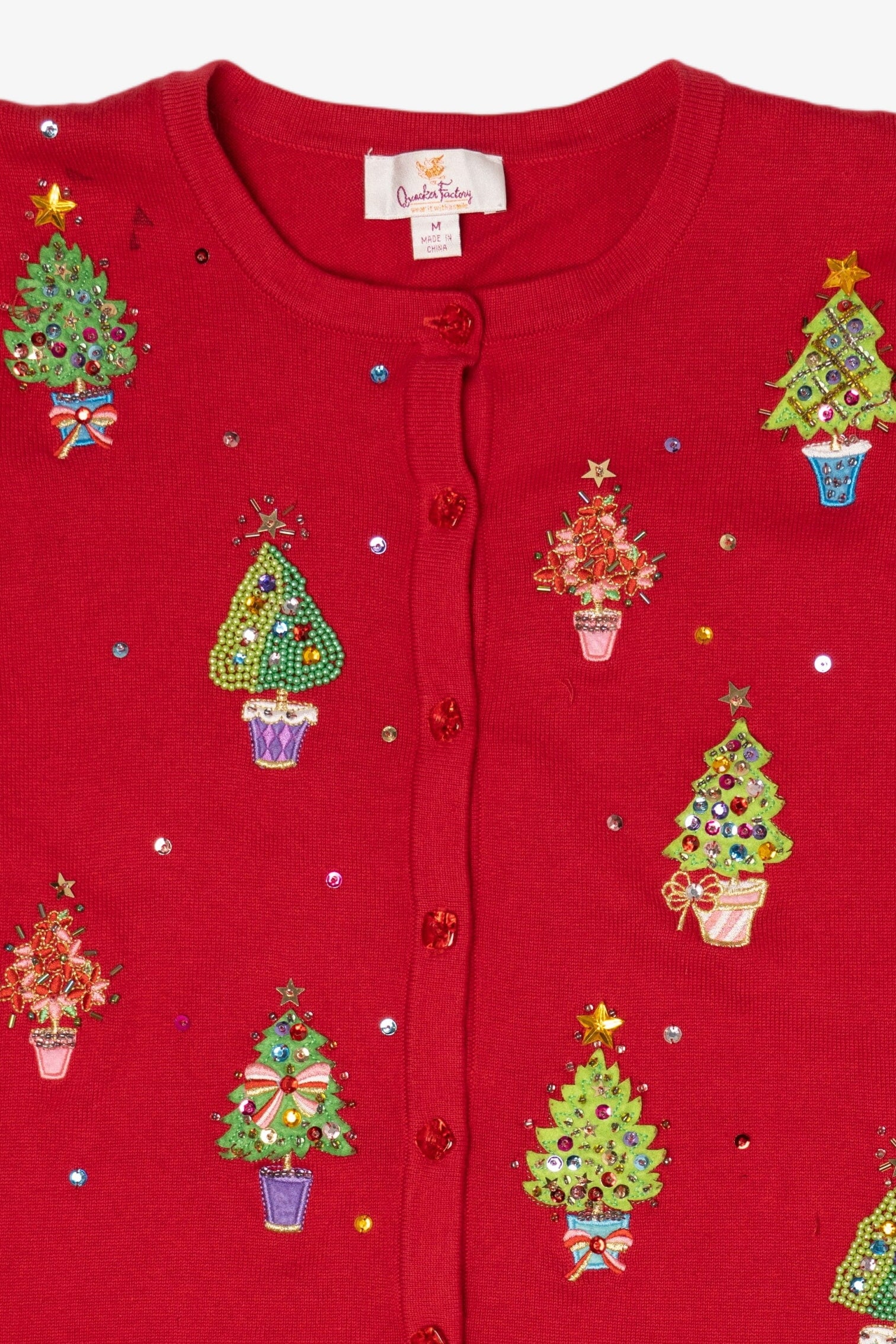Vintage Y2k Lightweight Red Quacker Factory Trees Ugly Christmas Cardigan (2000s)