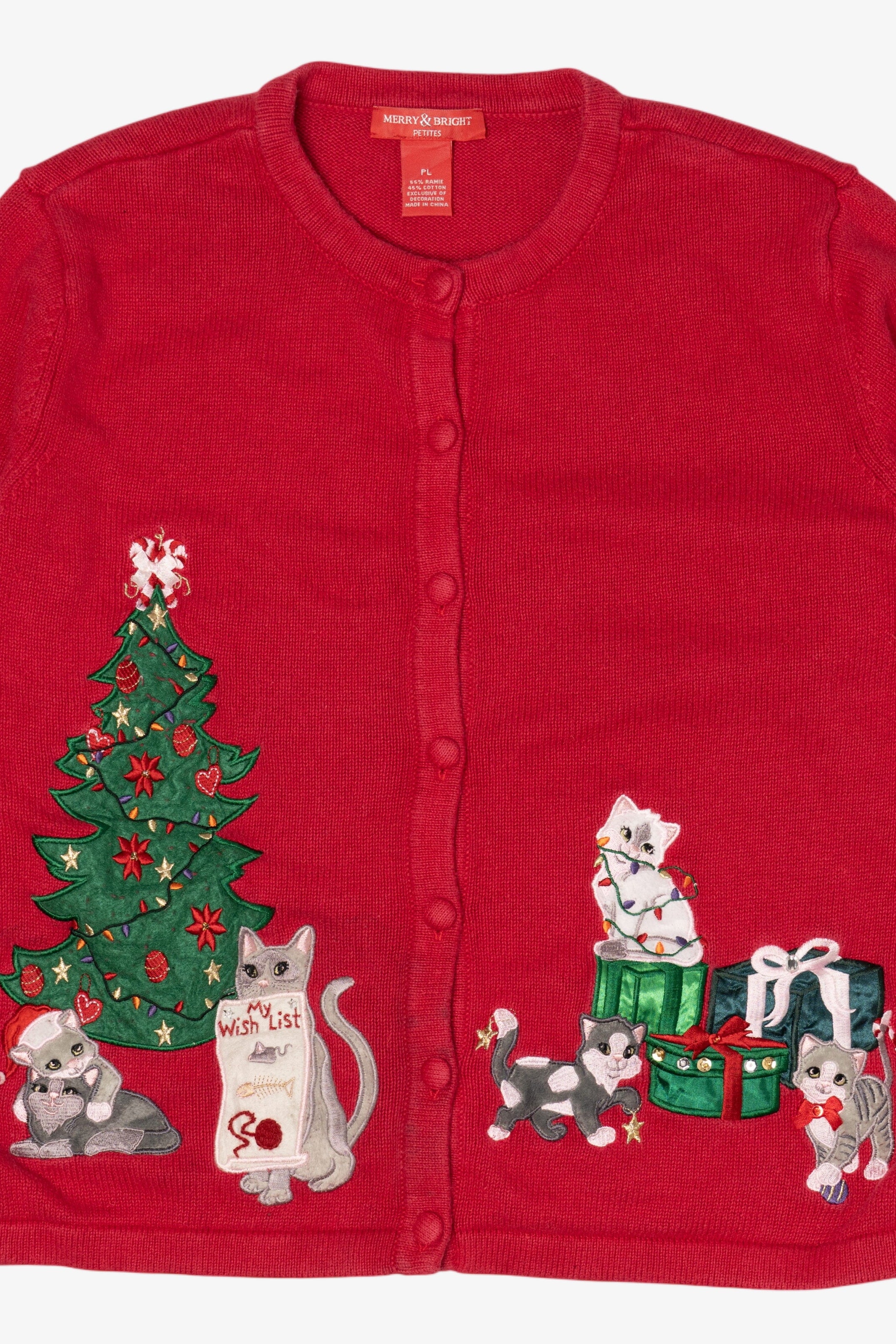 Vintage Red Merry & Bright Cats Ugly Christmas Cardigan (2000s)