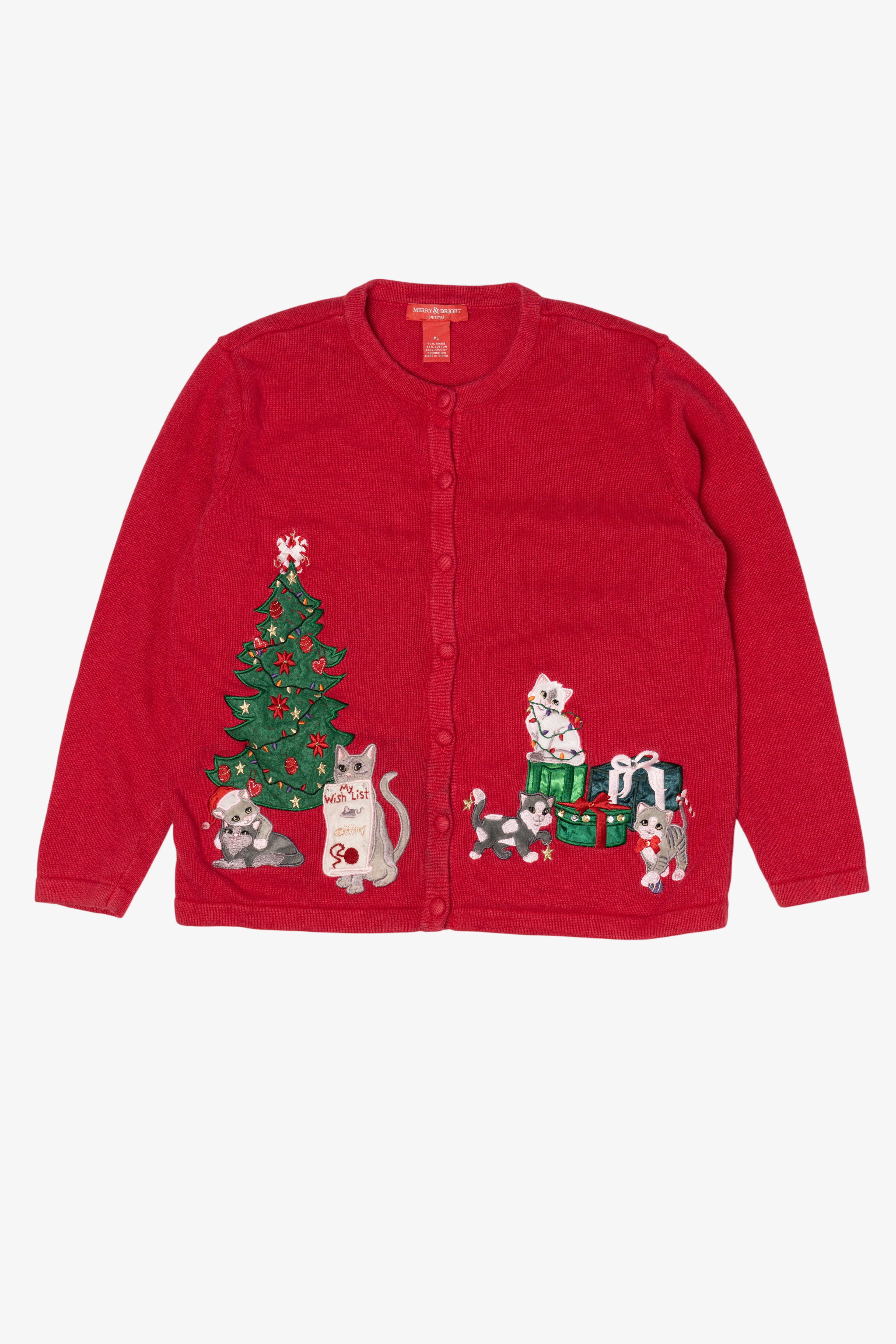 Vintage Red Merry & Bright Cats Ugly Christmas Cardigan (2000s)