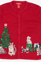 Vintage Red Merry & Bright Cats Ugly Christmas Cardigan (2000s)