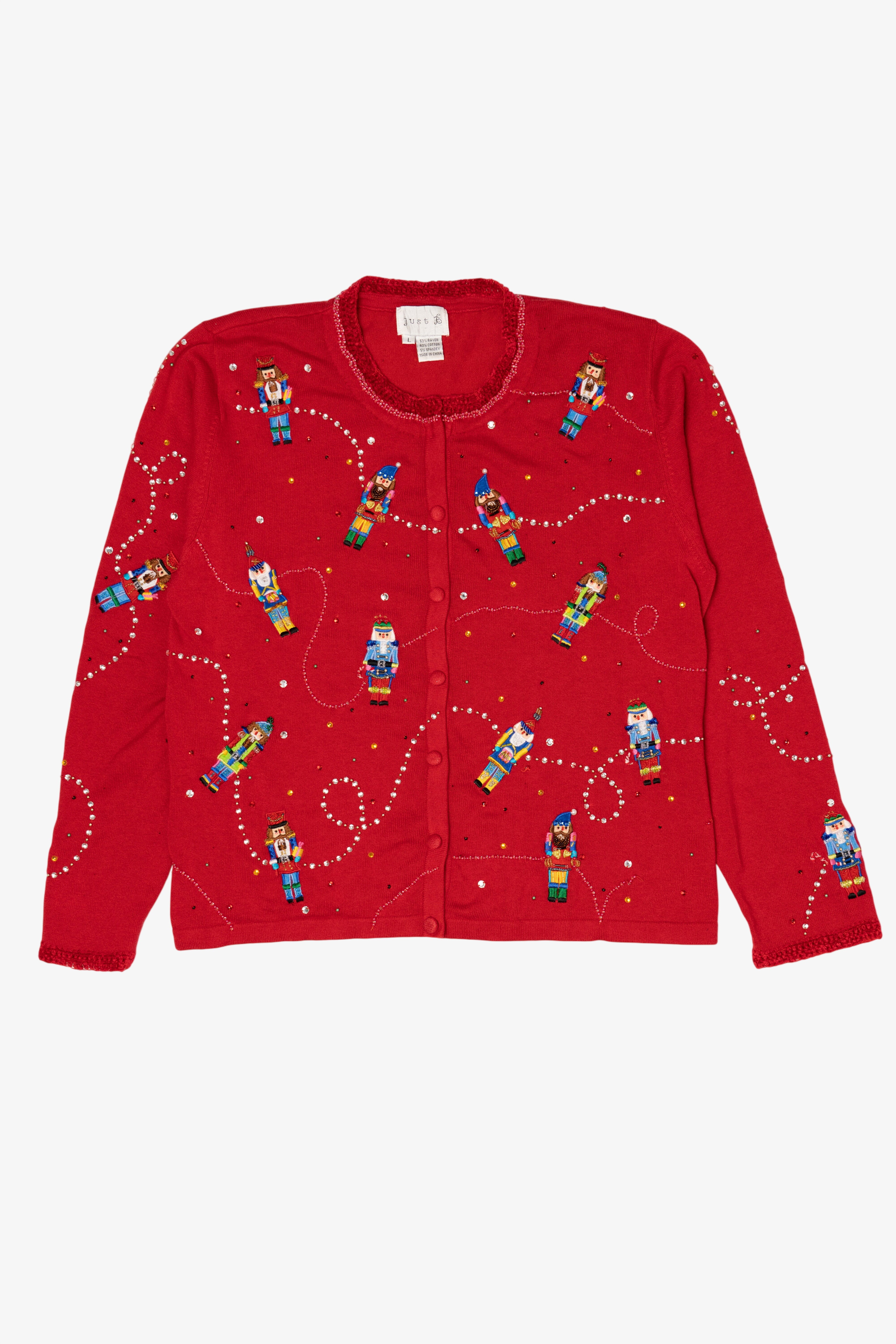 Vintage Y2k Lightweight Red Just B Nutcrackers Ugly Christmas Cardigan (2000s)