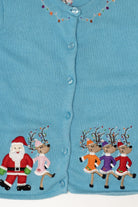 Vintage Blue Copper Key Dancing Reindeer Ugly Christmas Cardigan (2000s)