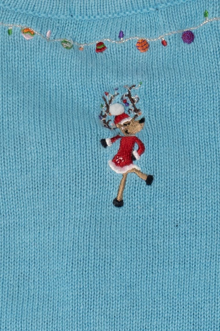 Vintage Blue Copper Key Dancing Reindeer Ugly Christmas Cardigan (2000s)