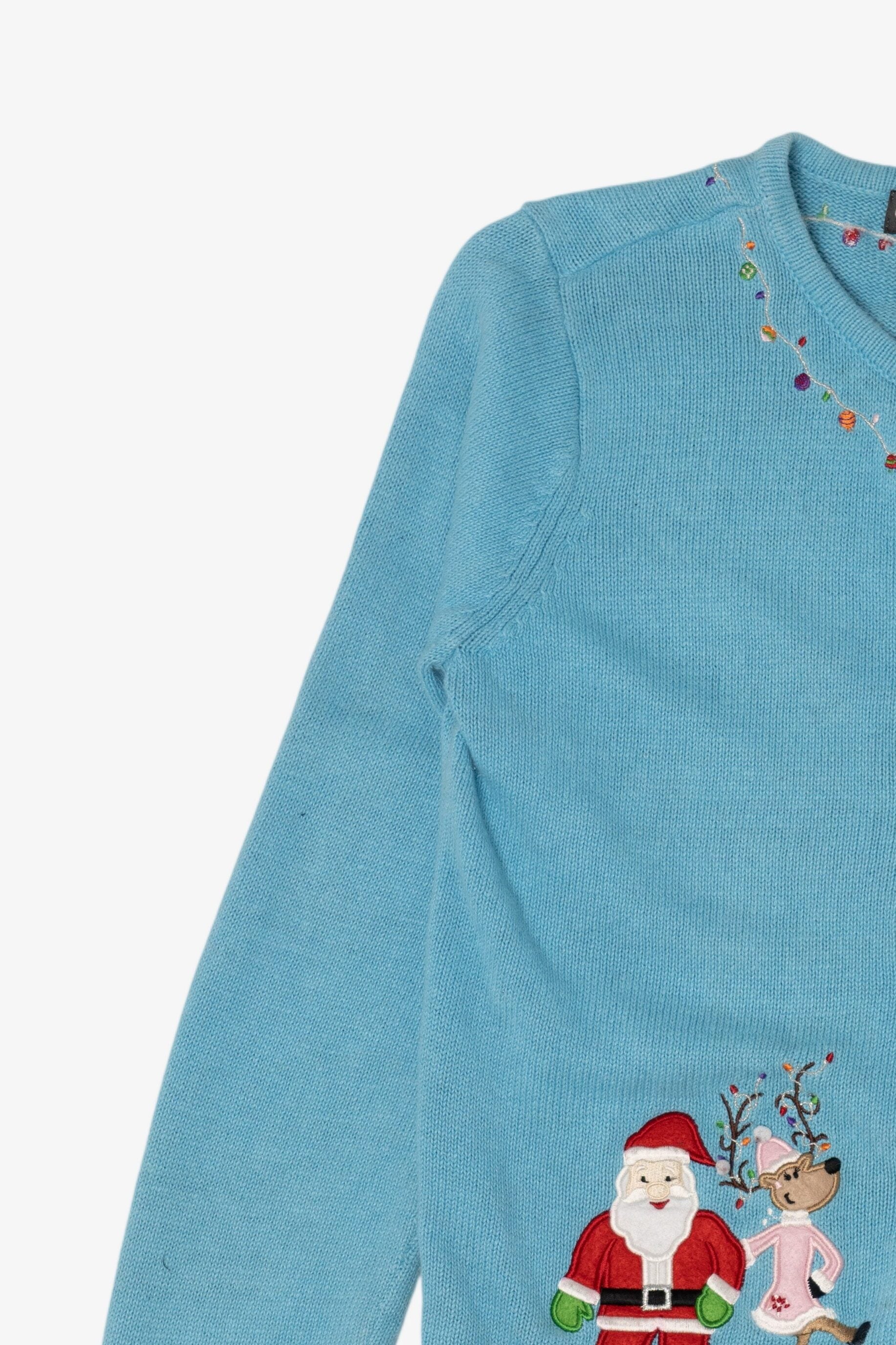 Vintage Blue Copper Key Dancing Reindeer Ugly Christmas Cardigan (2000s)