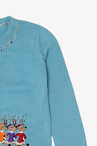 Vintage Blue Copper Key Dancing Reindeer Ugly Christmas Cardigan (2000s)