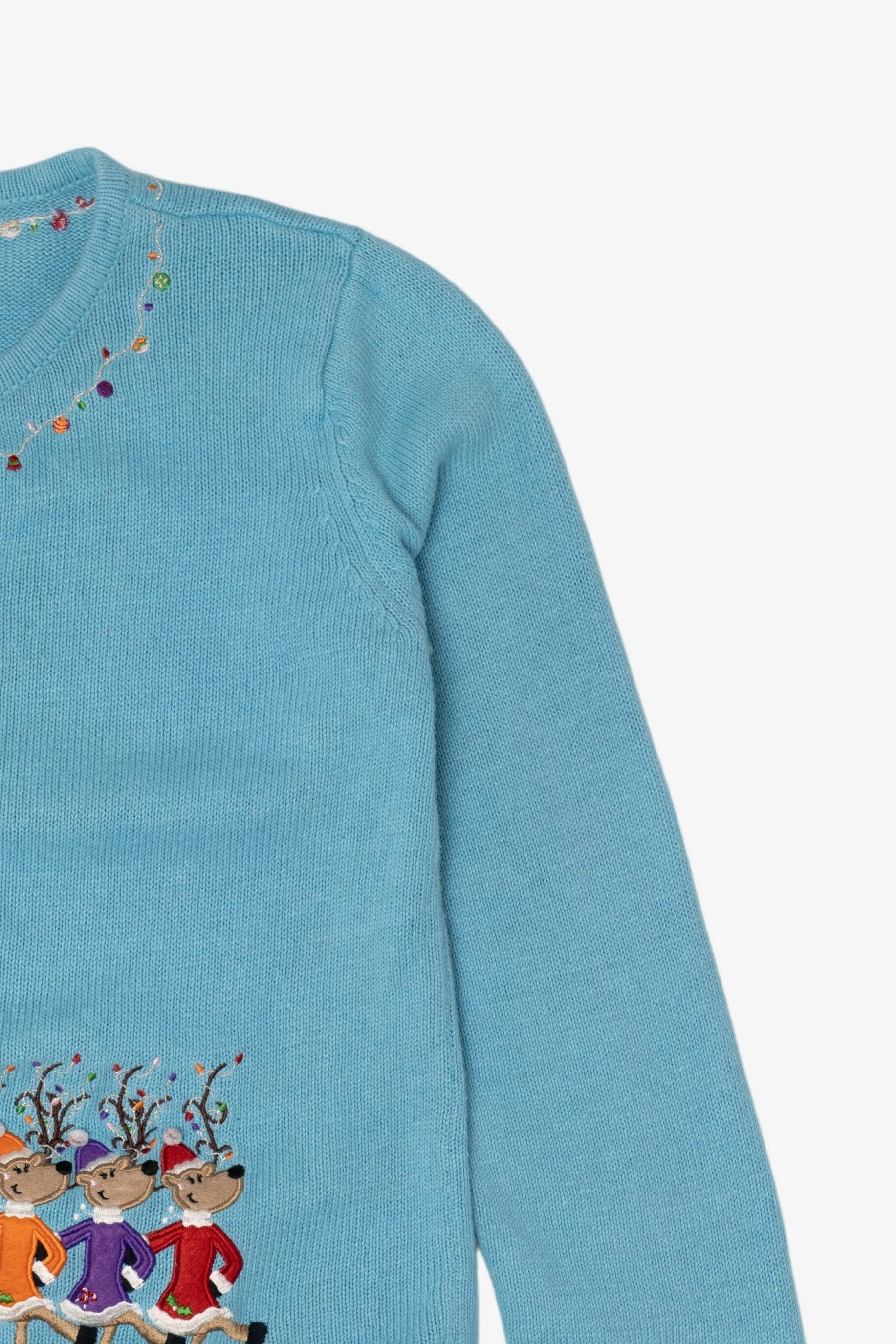 Vintage Blue Copper Key Dancing Reindeer Ugly Christmas Cardigan (2000s)