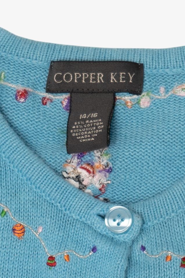 Vintage Blue Copper Key Dancing Reindeer Ugly Christmas Cardigan (2000s)